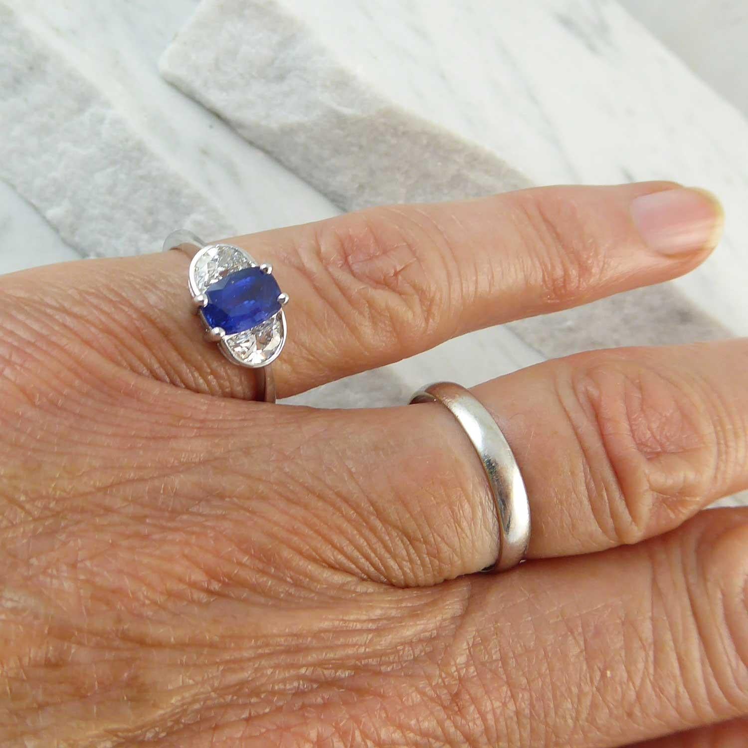Modern 1.21 Carat Sapphire Ring, Half-Moon Diamonds 0.61 Carat, New and Unworn 3