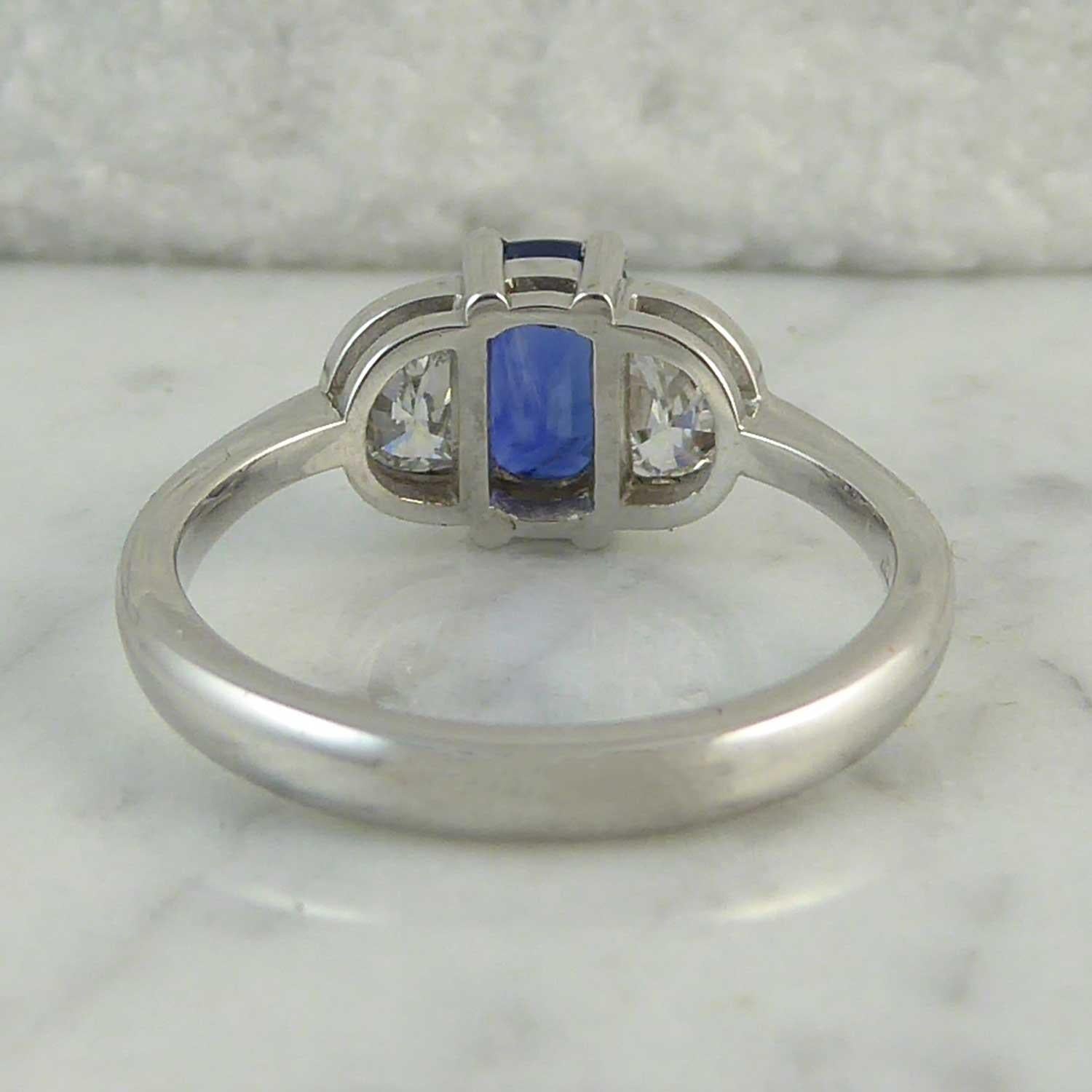 Modern 1.21 Carat Sapphire Ring, Half-Moon Diamonds 0.61 Carat, New and Unworn 1