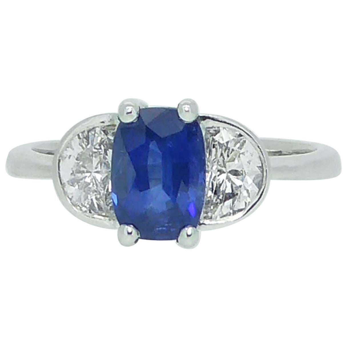 Modern 1.21 Carat Sapphire Ring, Half-Moon Diamonds 0.61 Carat, New and Unworn