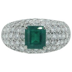 Modern 1.22 Carat Emerald, 1.30 Carat Diamond Cluster Dress Ring, Platinum