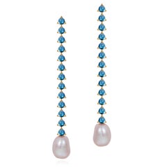 Modern 13 stone 4mm Baroque Pearl Earring in 18k yellow gold, London Blue Topaz