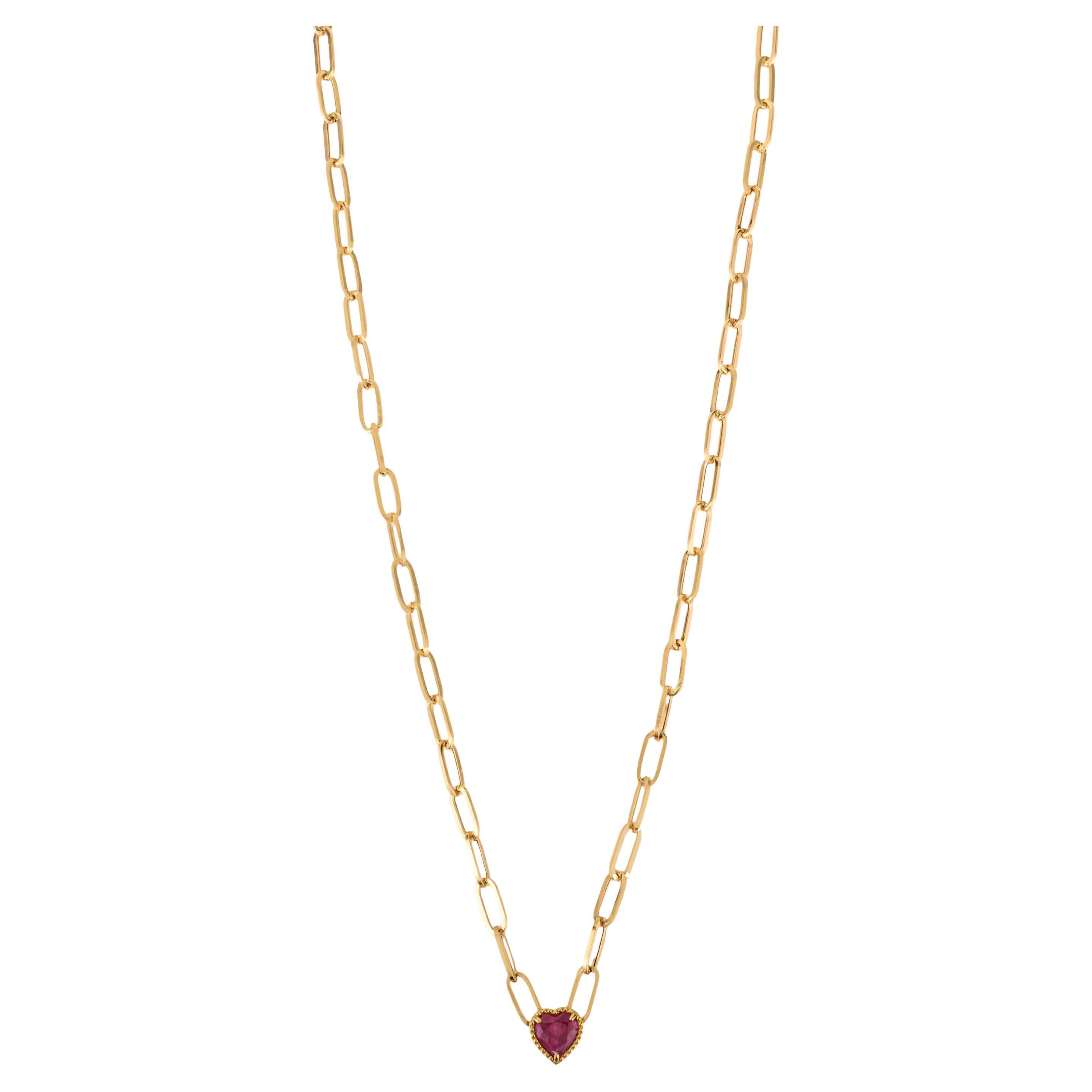 Collier moderne avec pendentif en or jaune 18K en rubis taillé en cœur de 1,34 carat.