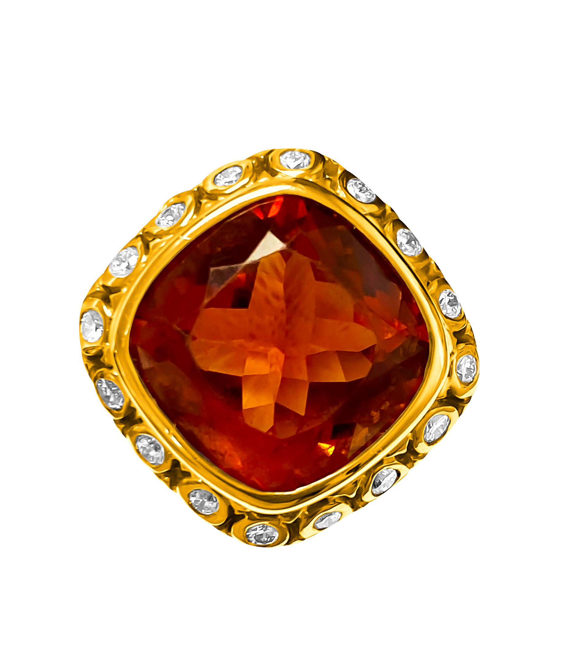 Metal: 18k Yellow gold. 

Center: 13.50 carat citrine. Cushion cut. 100% natural earth mined. Deep orange-brown color. 

Side: 1.10 carat diamonds. Round brilliant cut. VS clarity and F-G color. 

Total weight of the ring: 12.40 grams. 

All stones
