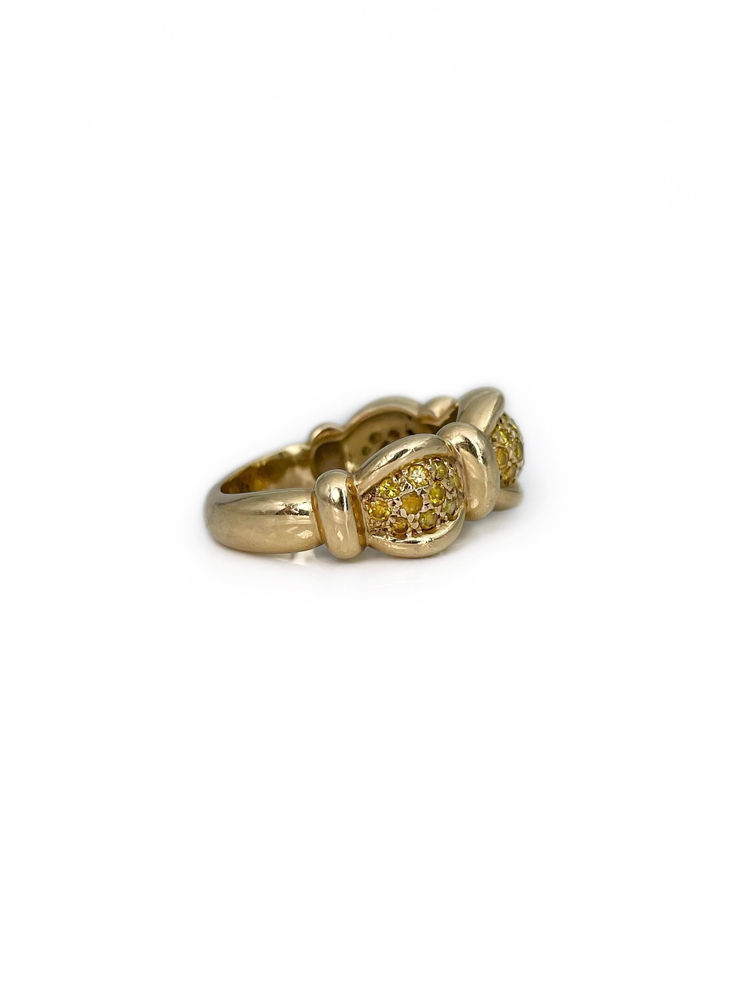 This is a beautiful cocktail band ring crafted in 14K yellow gold. The piece features 33 pcs. brilliant cut Fancy yellow diamonds: TW 0.65ct, VS-SI

Weight: 8.31g 
Size: 16.5 (US 6)

IMPORTANT: please ask about the possibility to resize before
