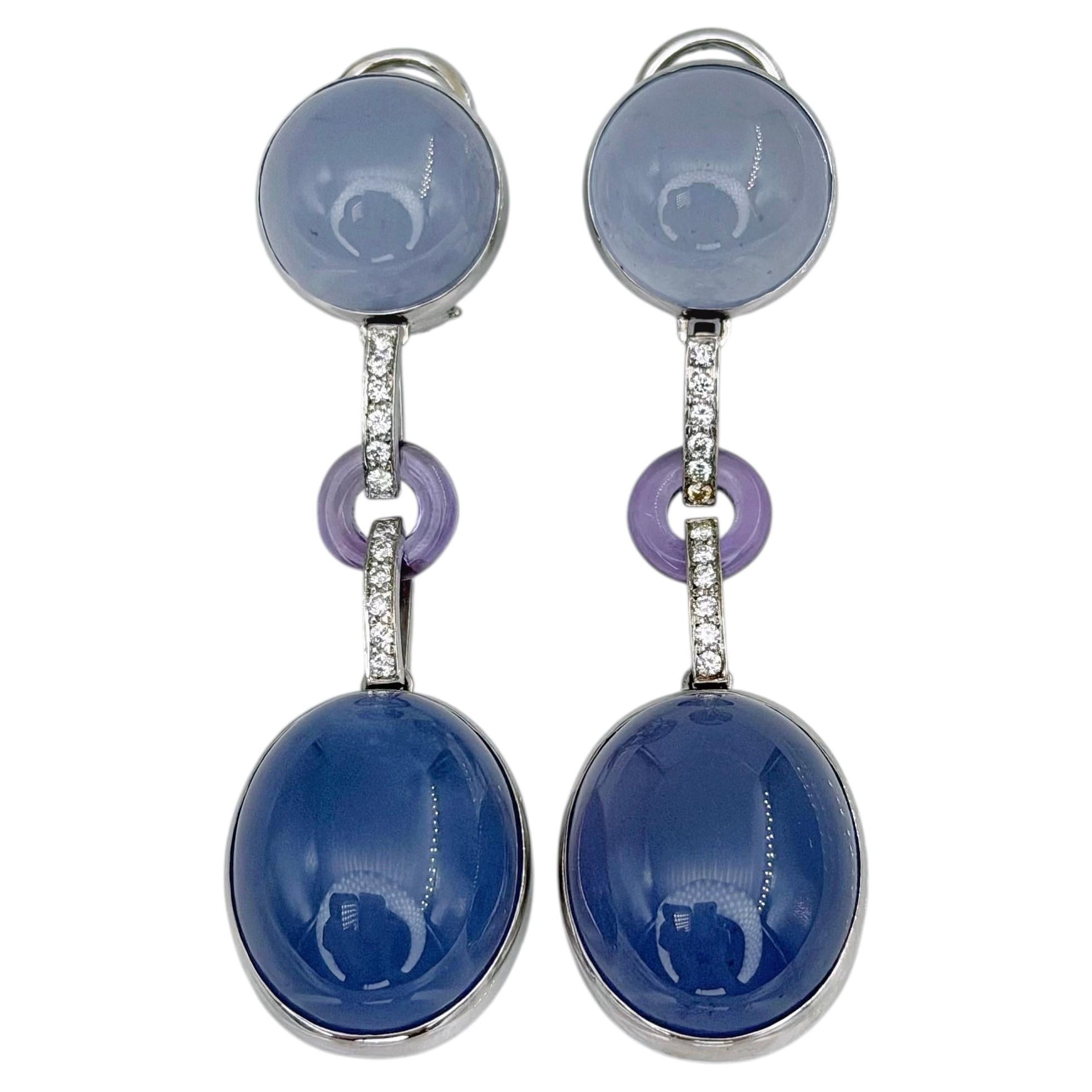 Modern 14 Karat Gold Chalcedony Diamond Amethyst French Back Drop Stud Earrings