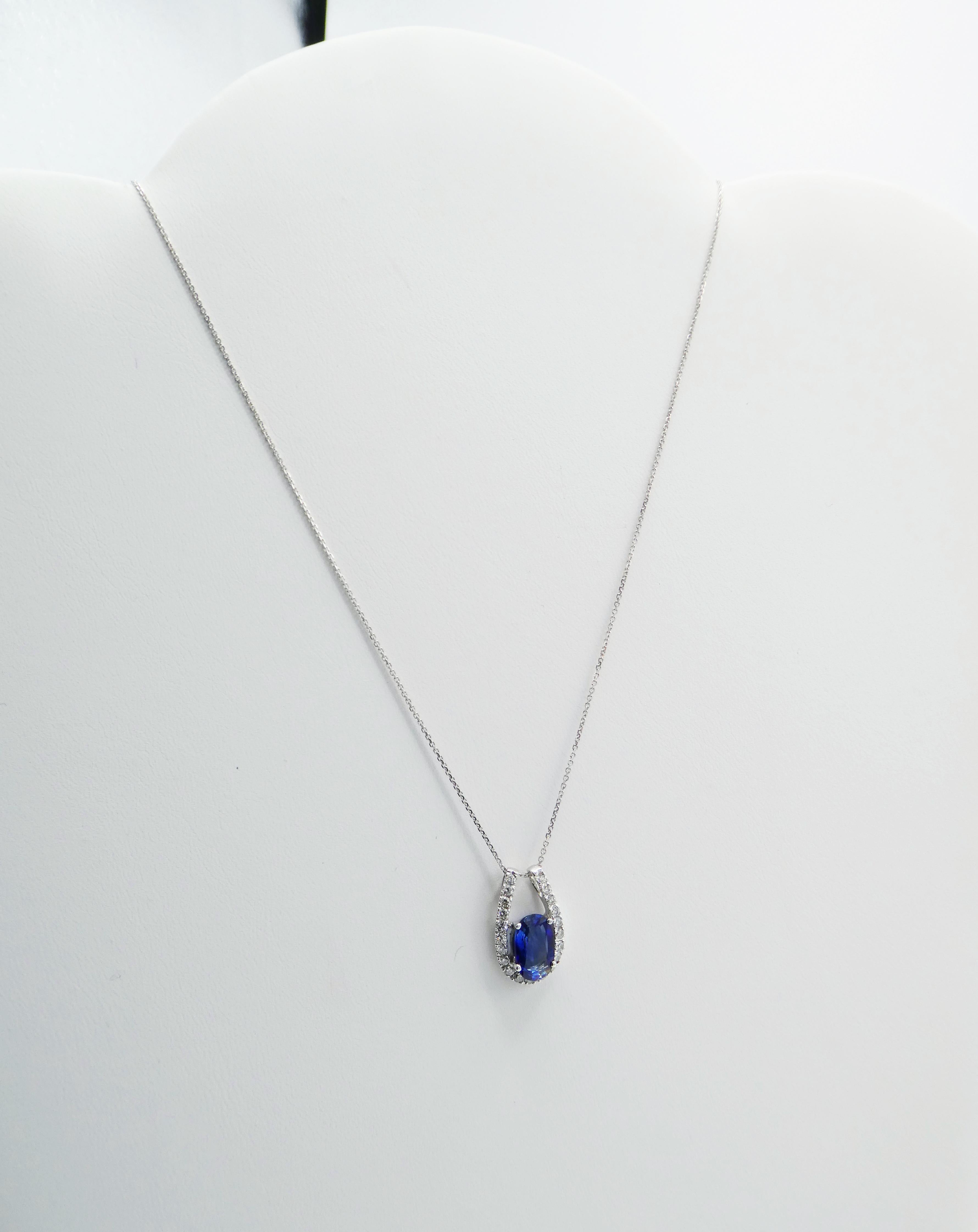 Modern 14 Karat White Gold Diamond and Blue Sapphire Drop Pendant Necklace 5