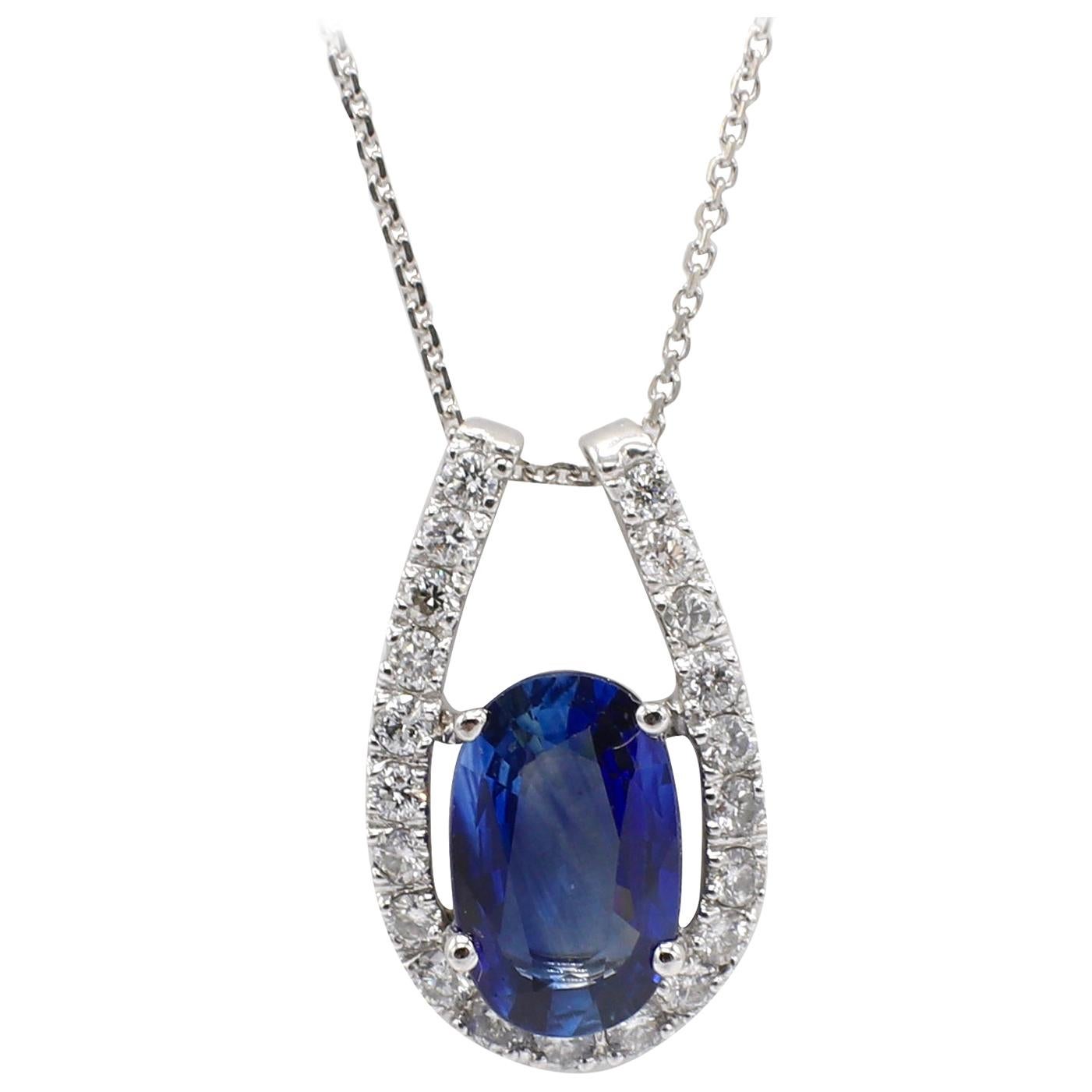 Modern 14 Karat White Gold Diamond and Blue Sapphire Drop Pendant Necklace