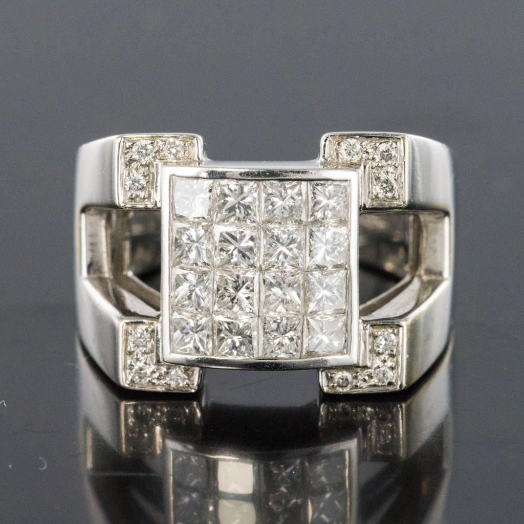 Art Deco Style Princess and Brilliant Cut Diamond 18K White Gold Signet Ring For Sale 9