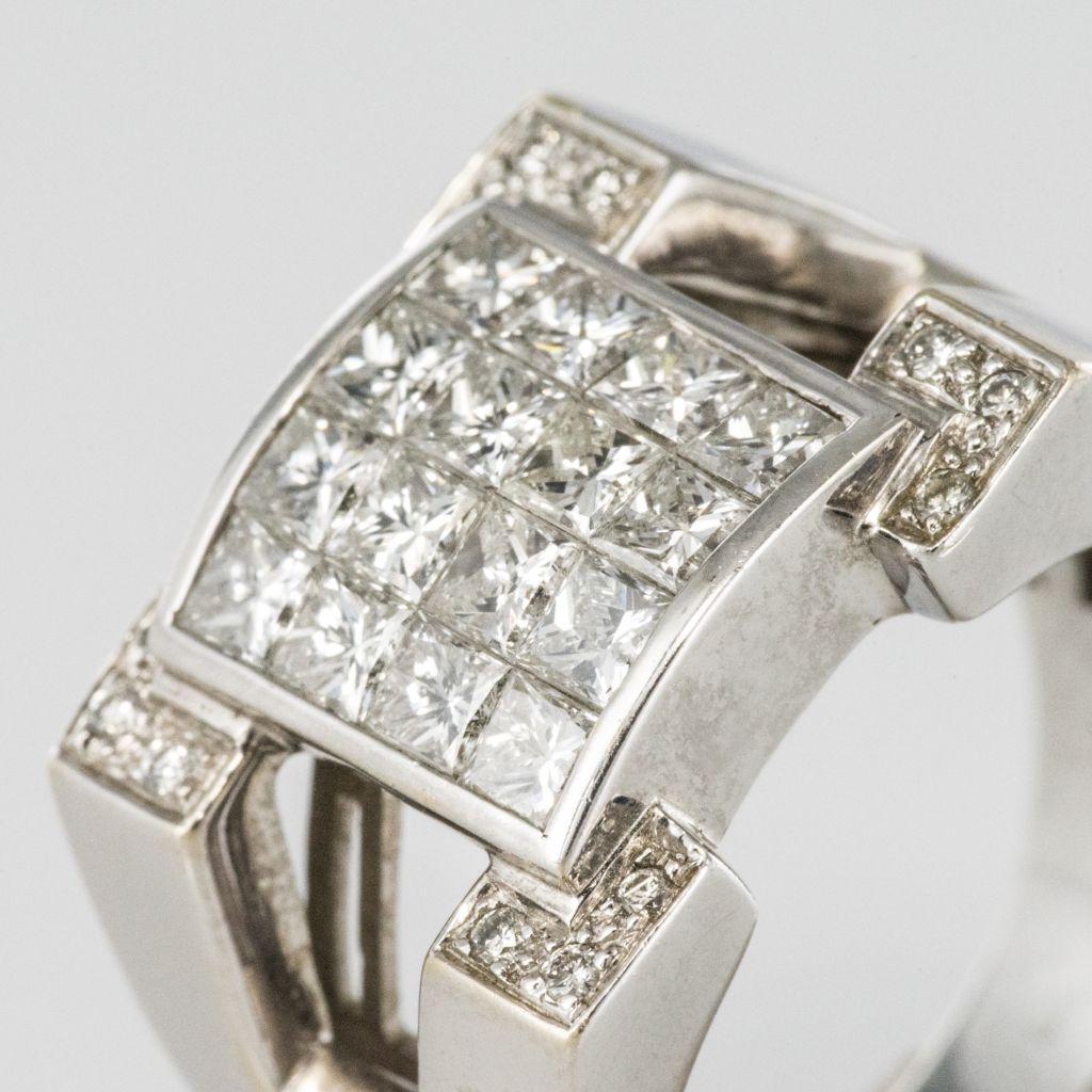 Princess Cut Art Deco Style Princess and Brilliant Cut Diamond 18K White Gold Signet Ring For Sale
