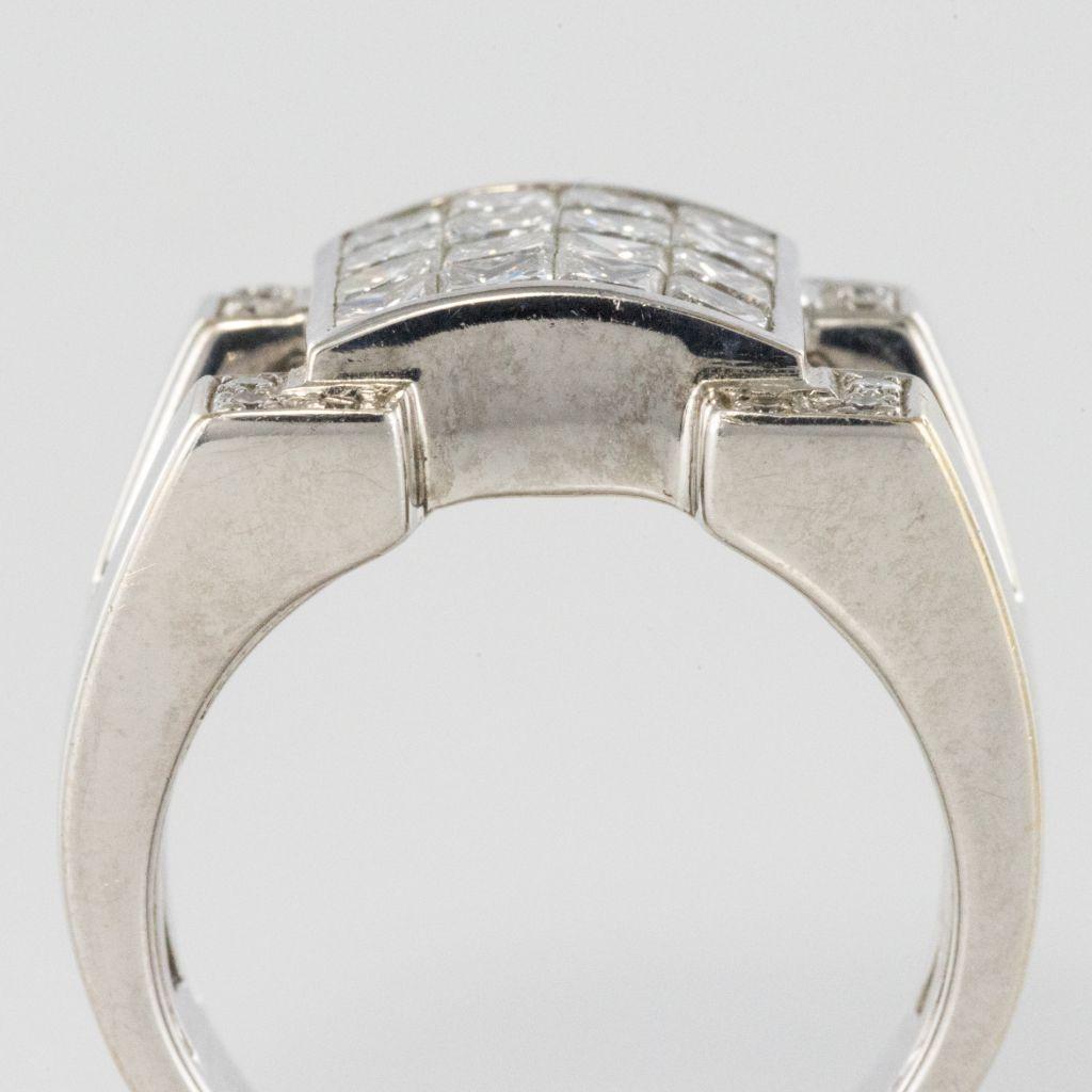 Women's Art Deco Style Princess and Brilliant Cut Diamond 18K White Gold Signet Ring For Sale