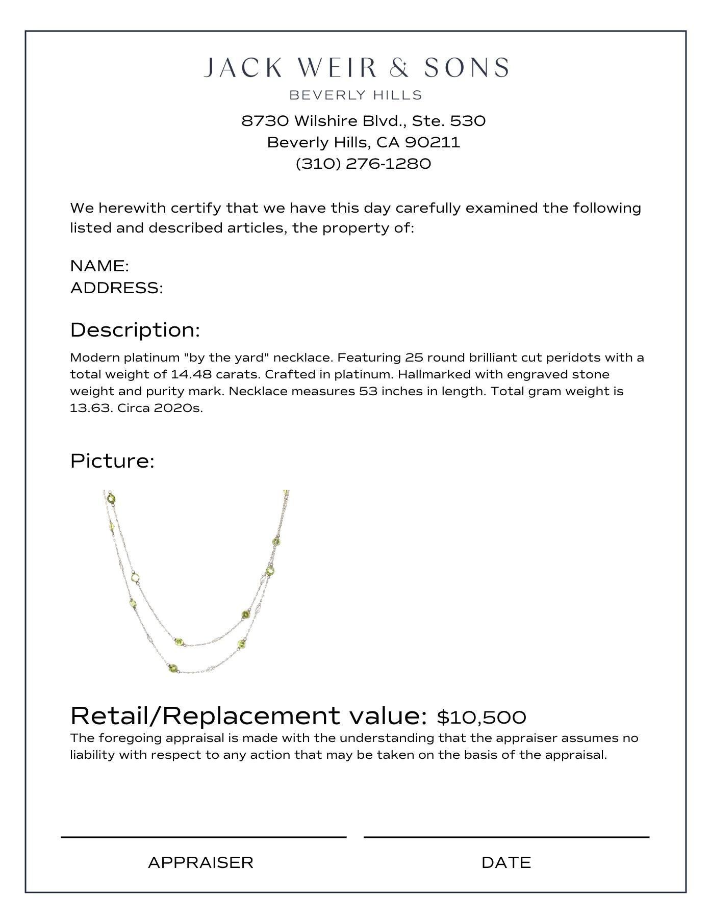 Modern 14.48 carat peridot platinum by the yard necklace In Excellent Condition For Sale In Beverly Hills, CA