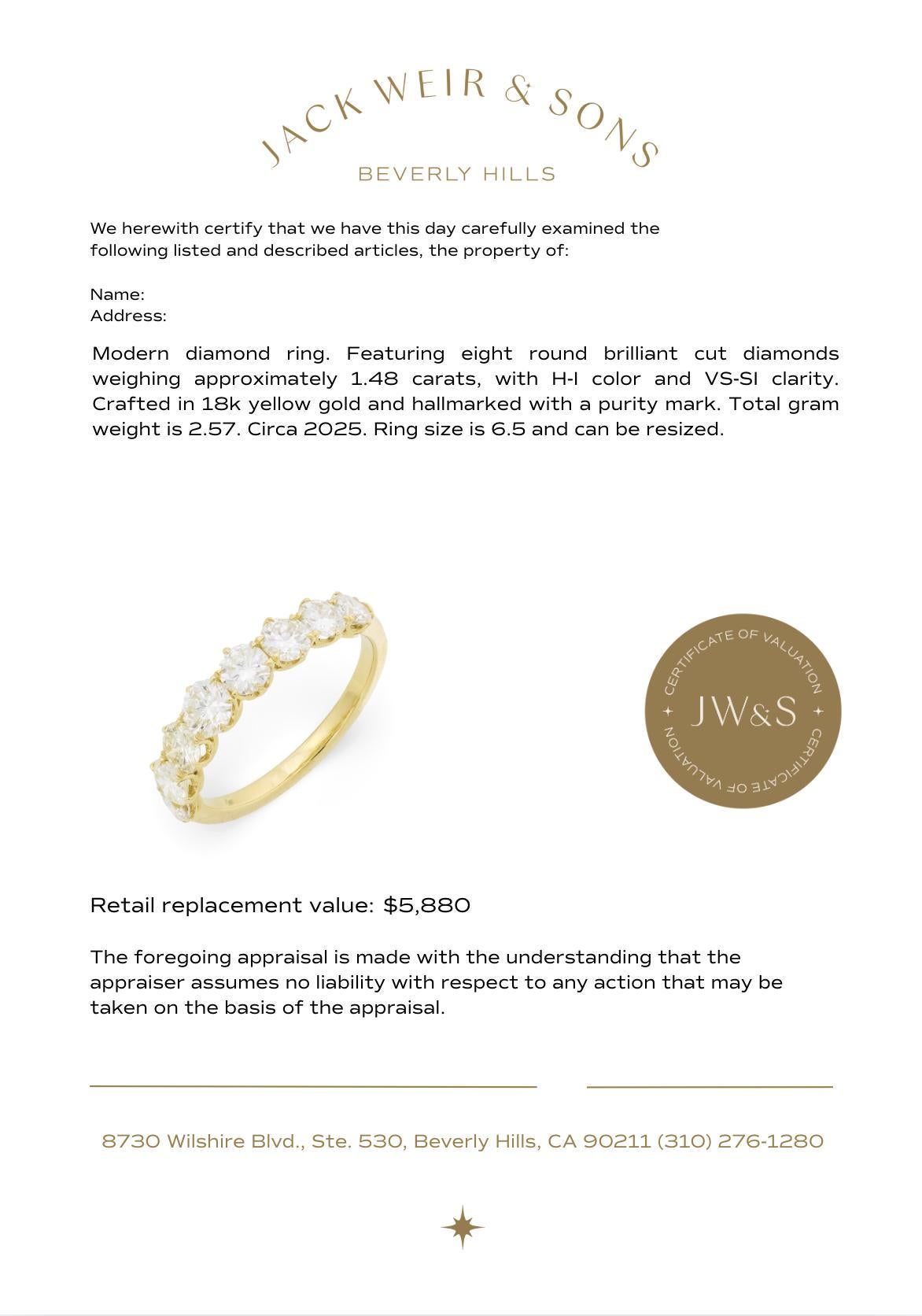 Bracelet d'éternité moderne en or jaune 18 carats avec diamant de 1,48 carat en vente 1