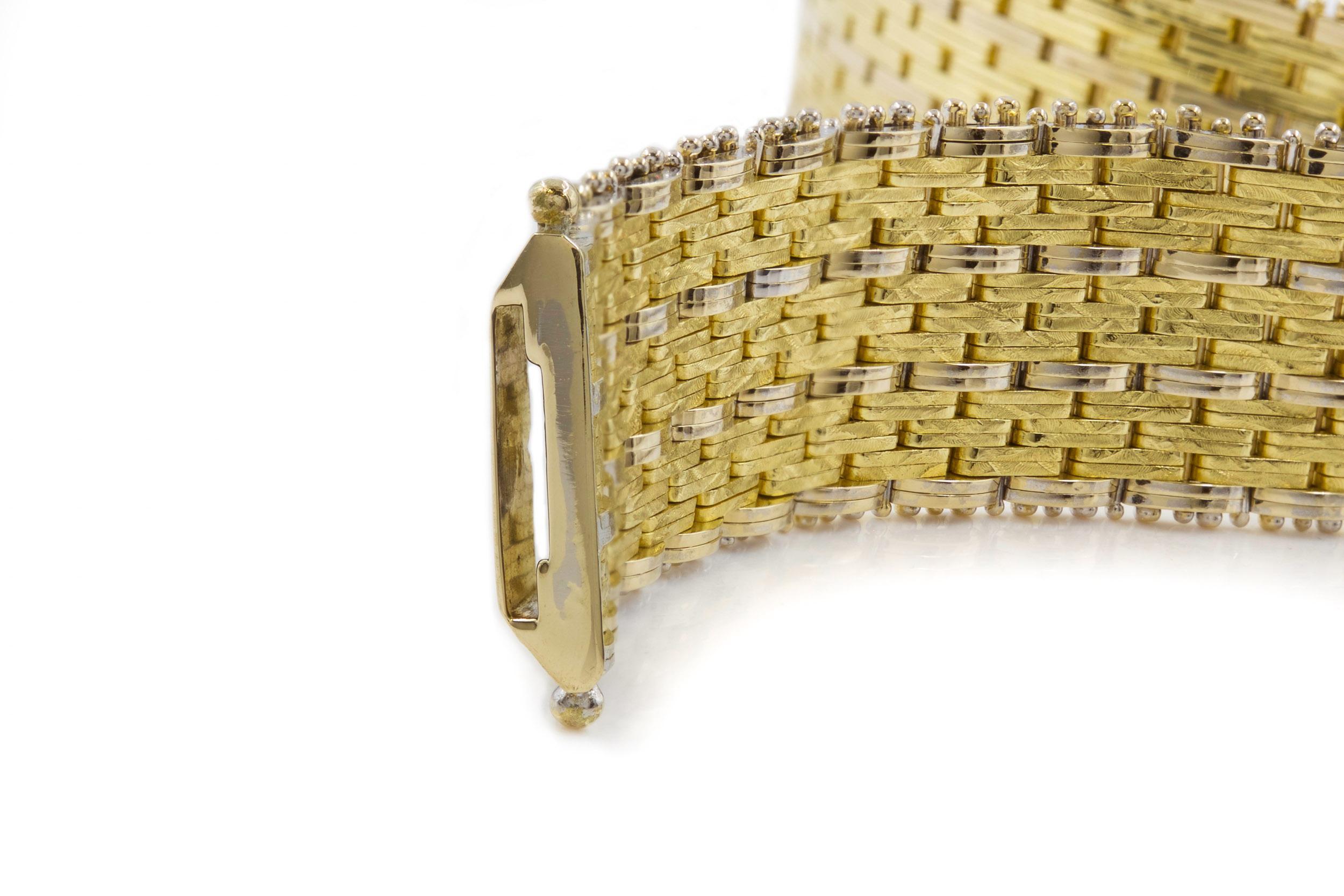 Modern 14k Bicolor Textured Woven Gold Flexible Strap Bracelet For Sale 4