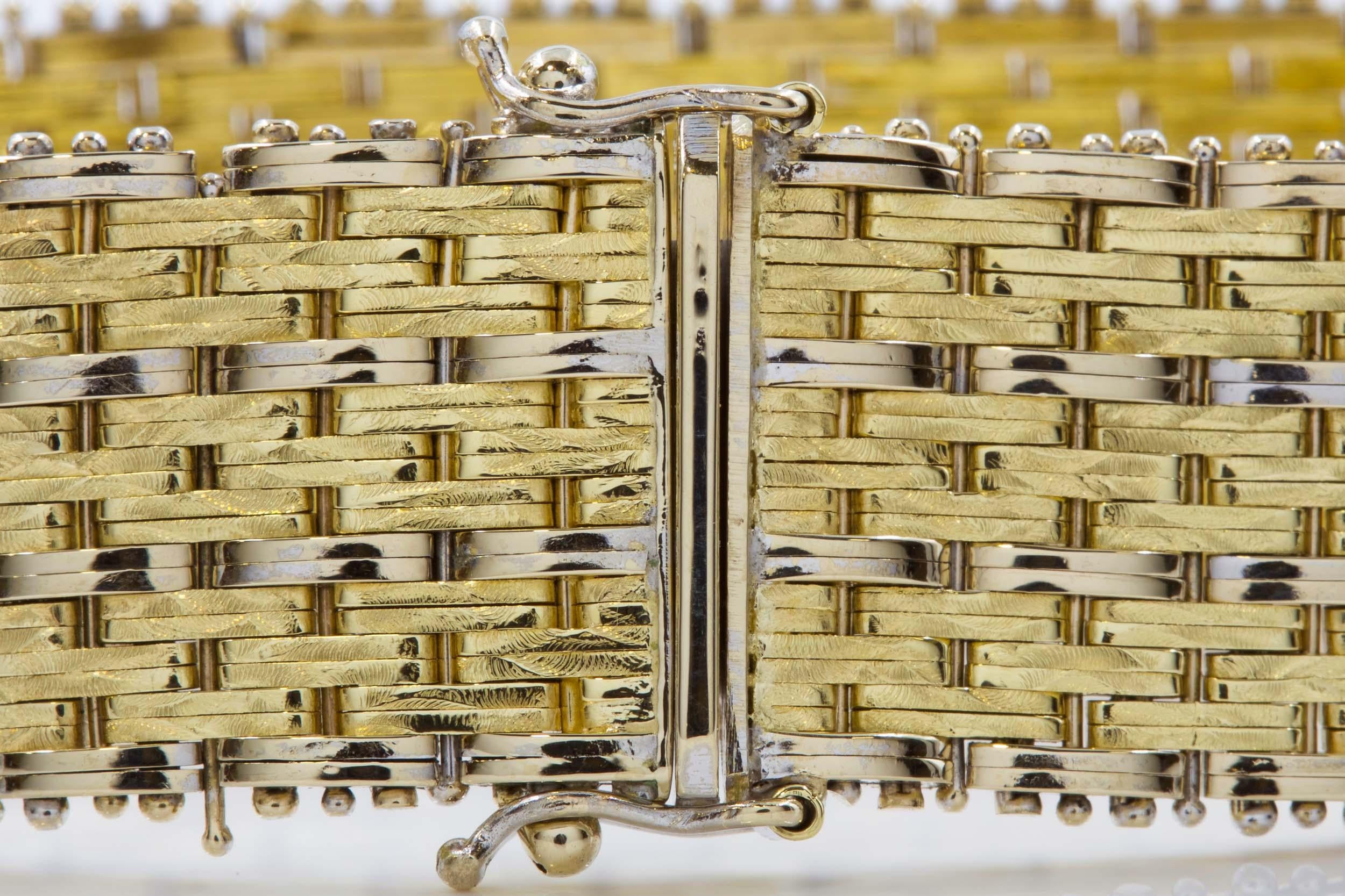 Modern 14k Bicolor Textured Woven Gold Flexible Strap Bracelet For Sale 5