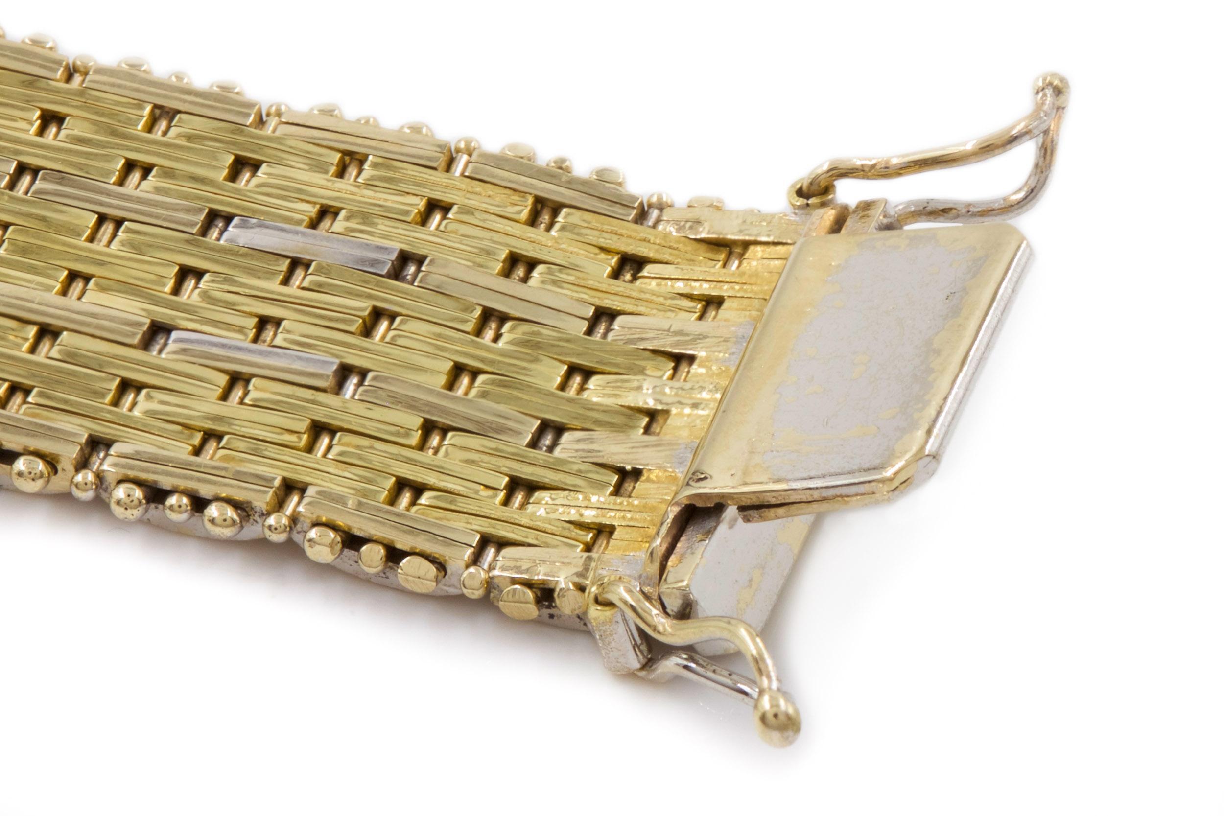 Modern 14k Bicolor Textured Woven Gold Flexible Strap Bracelet For Sale 6