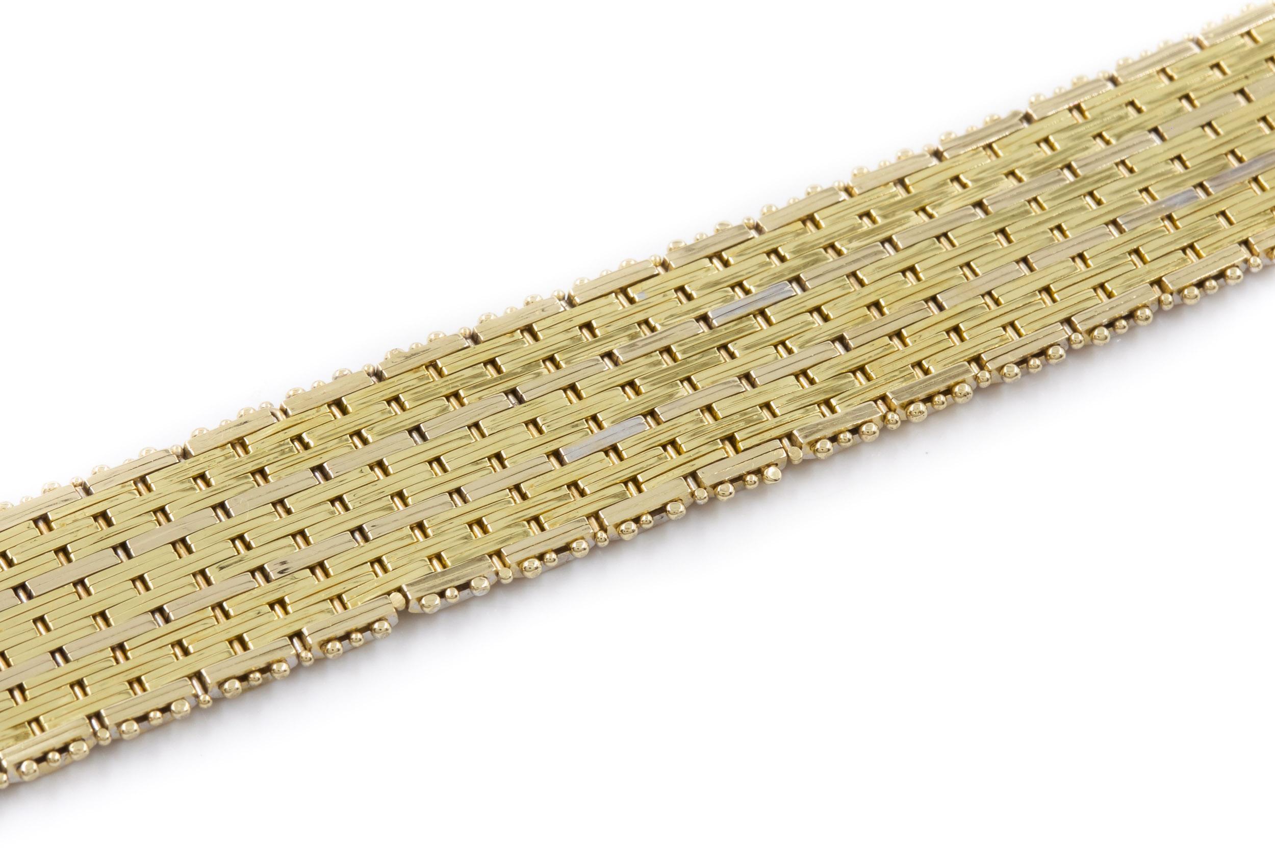 Modern 14k Bicolor Textured Woven Gold Flexible Strap Bracelet For Sale 7