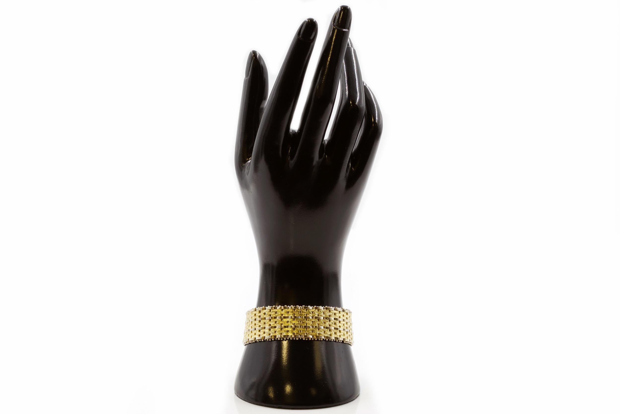 Mid-Century Modern Modern 14k Bicolor Textured Woven Gold Flexible Strap Bracelet For Sale