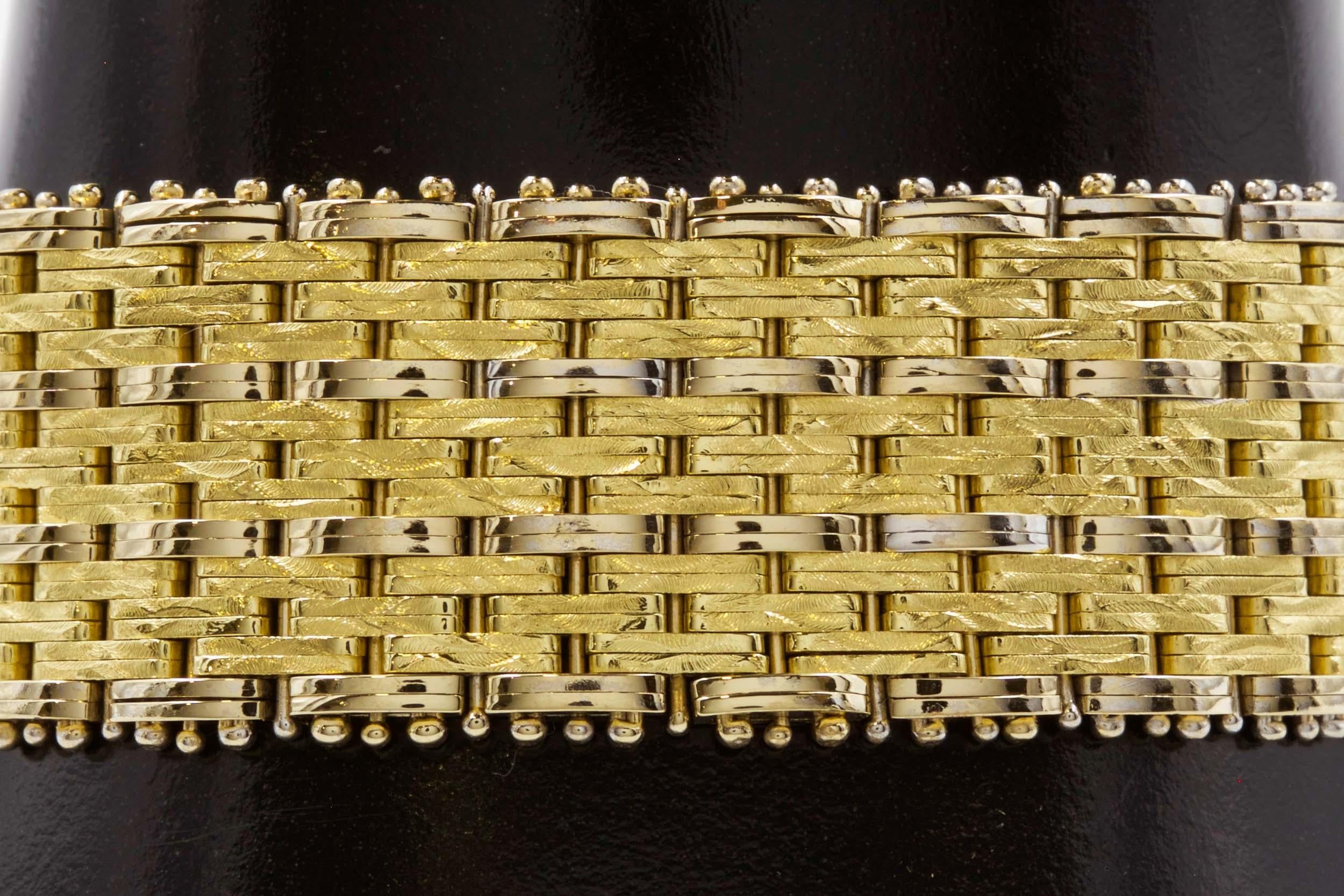 Unknown Modern 14k Bicolor Textured Woven Gold Flexible Strap Bracelet For Sale