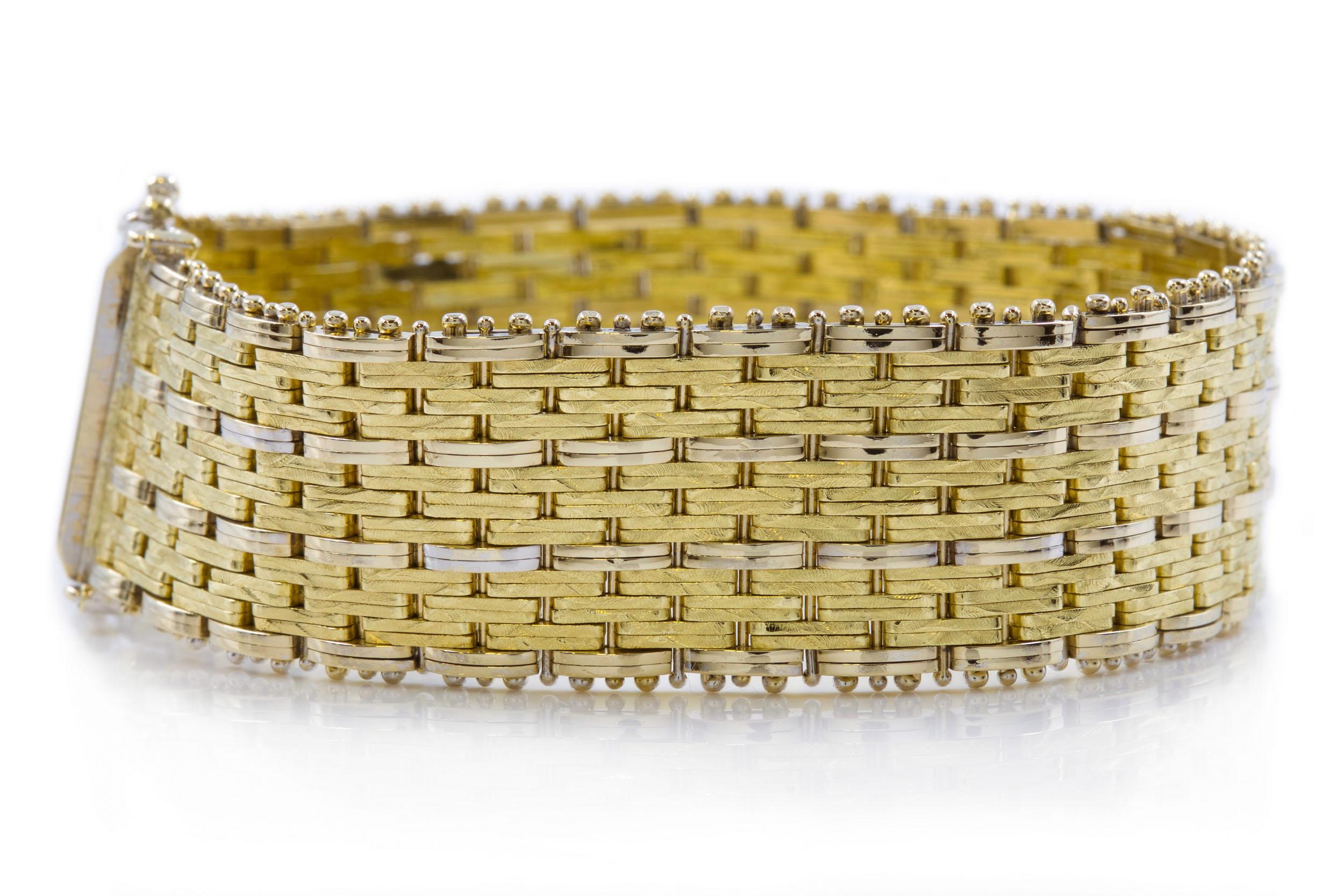 Modern 14k Bicolor Textured Woven Gold Flexible Strap Bracelet In Good Condition For Sale In Shippensburg, PA