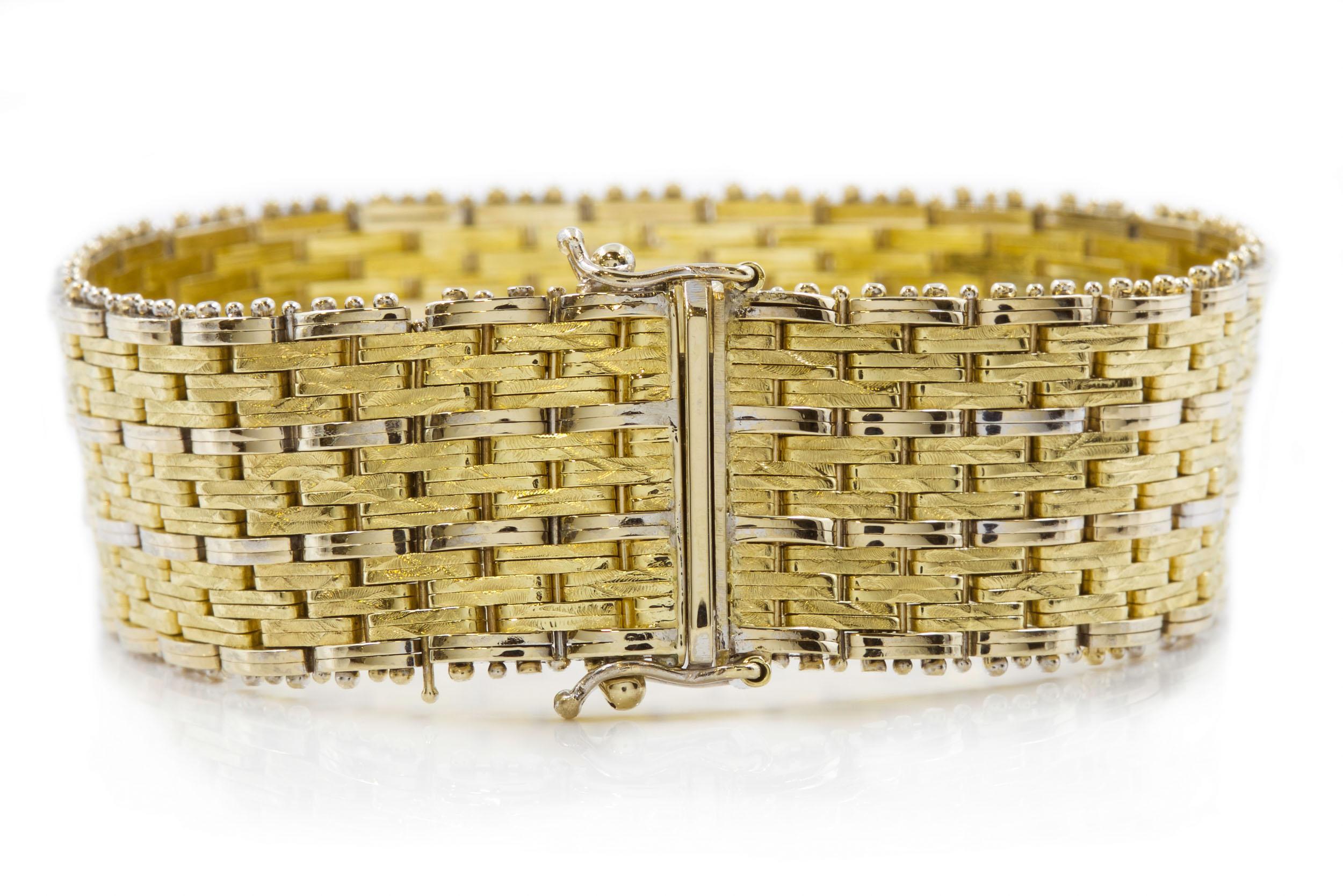 20th Century Modern 14k Bicolor Textured Woven Gold Flexible Strap Bracelet For Sale