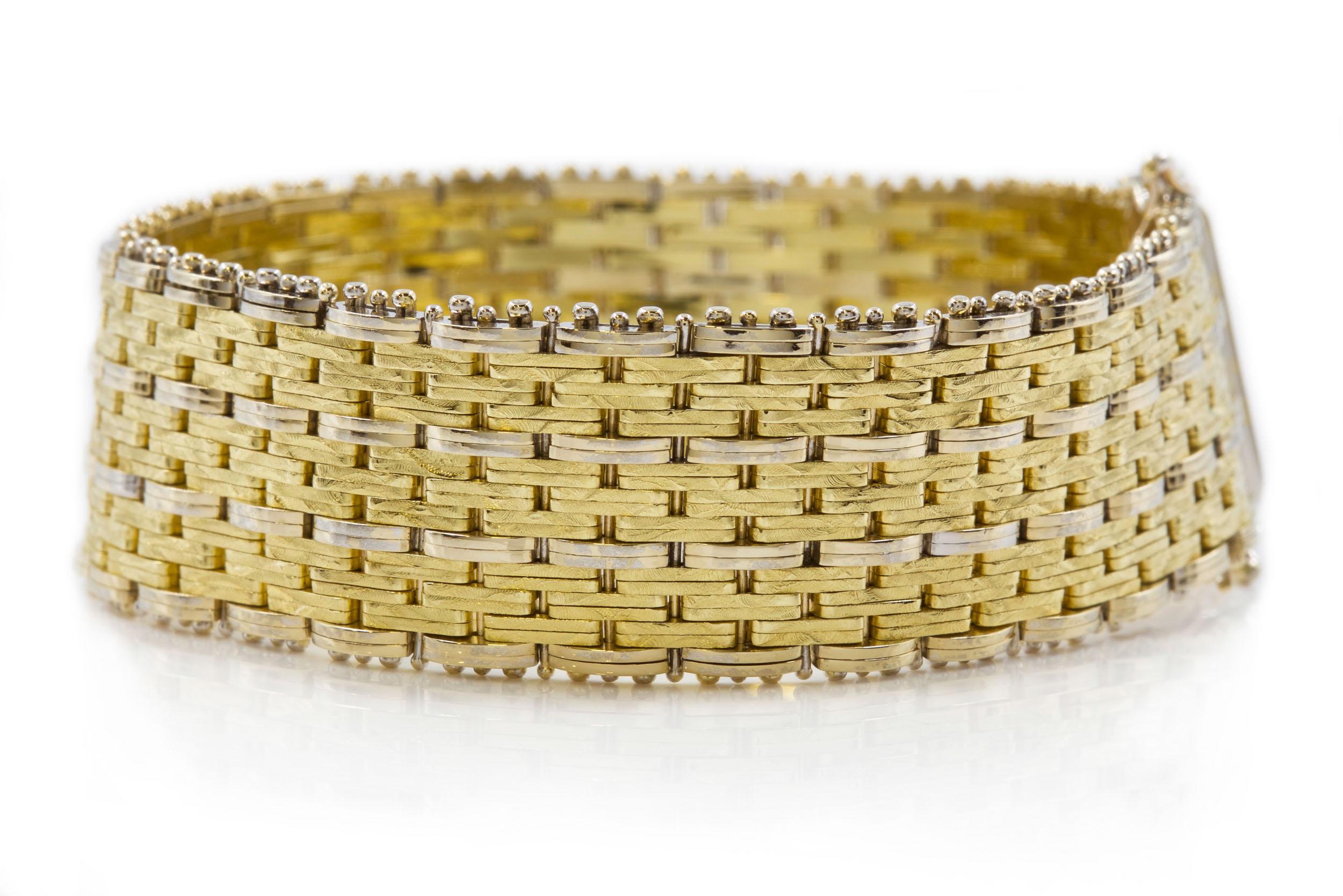 Modern 14k Bicolor Textured Woven Gold Flexible Strap Bracelet For Sale 1