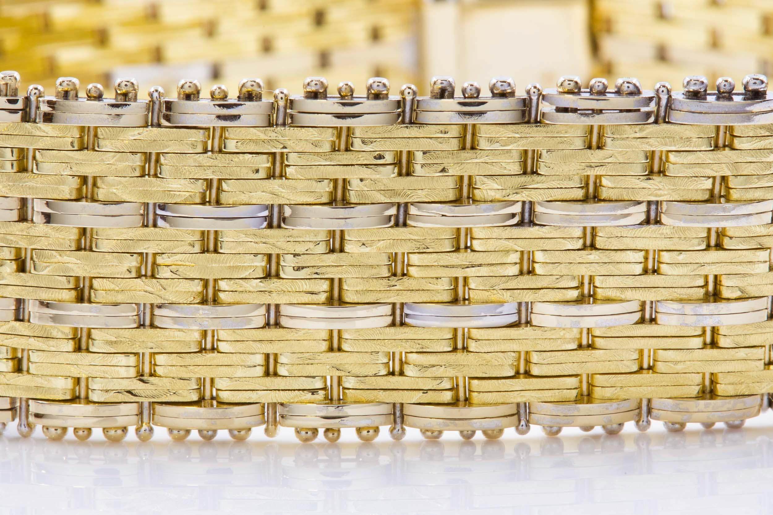 Modern 14k Bicolor Textured Woven Gold Flexible Strap Bracelet For Sale 2