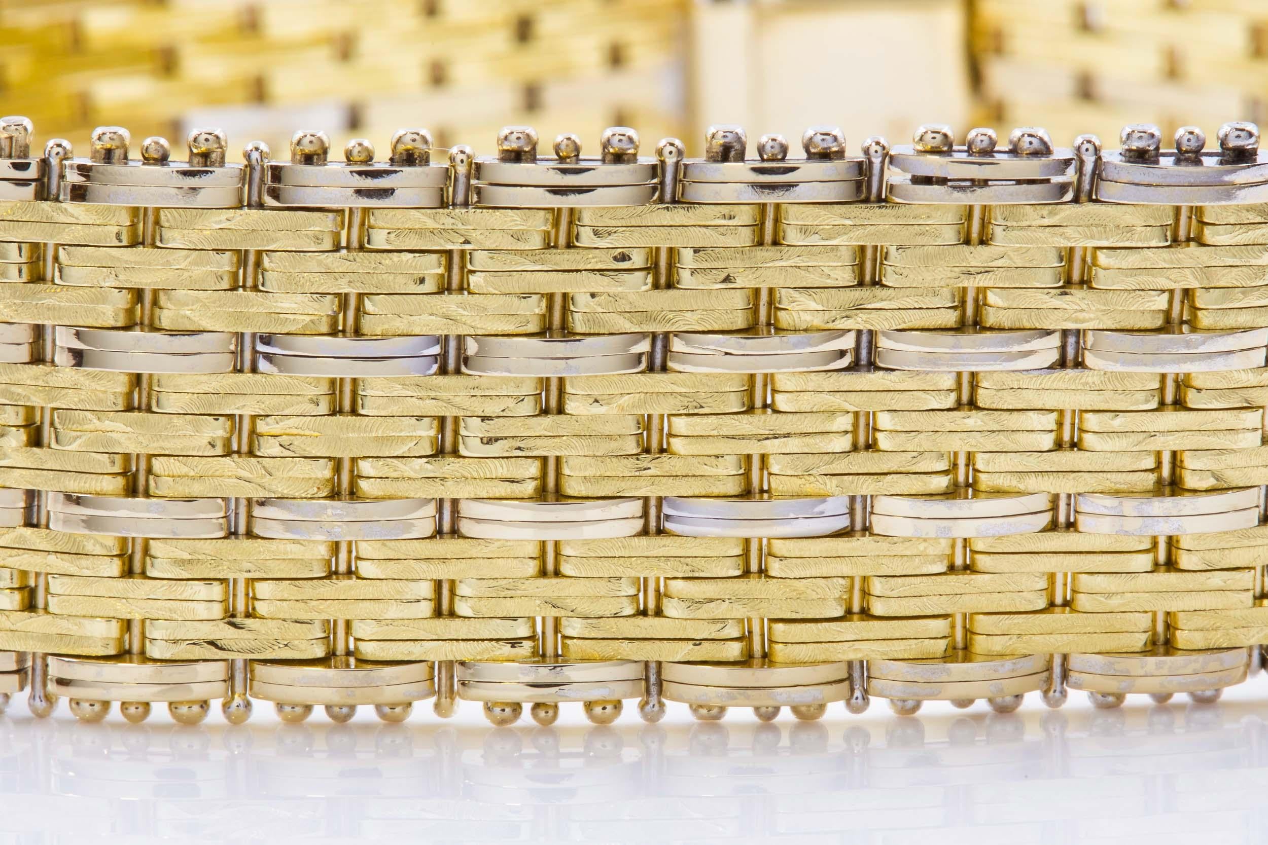 Modern 14k Bicolor Textured Woven Gold Flexible Strap Bracelet 2
