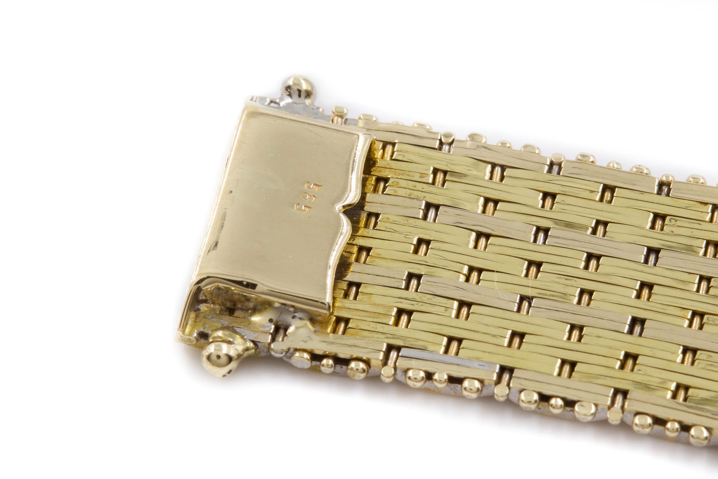 Modern 14k Bicolor Textured Woven Gold Flexible Strap Bracelet For Sale 3