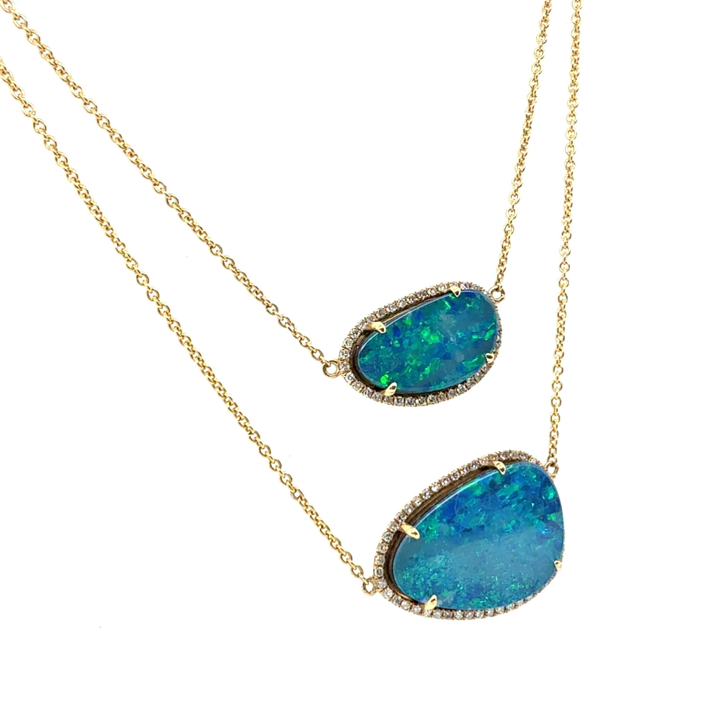 Round Cut Modern 14K Gold Opal Doublet & Natural Diamond Two Strand Statement Necklace For Sale