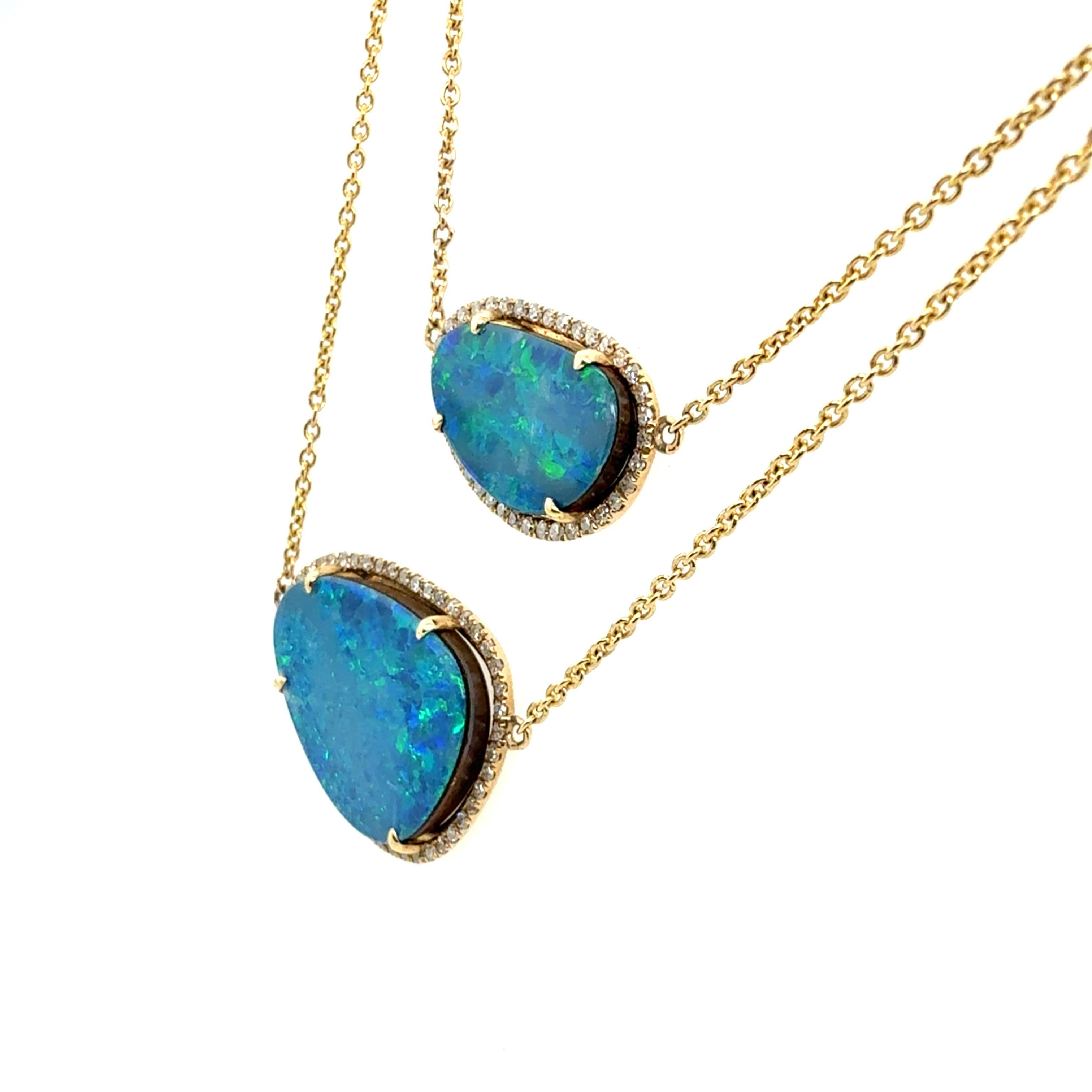 Women's Modern 14K Gold Opal Doublet & Natural Diamond Two Strand Statement Necklace For Sale