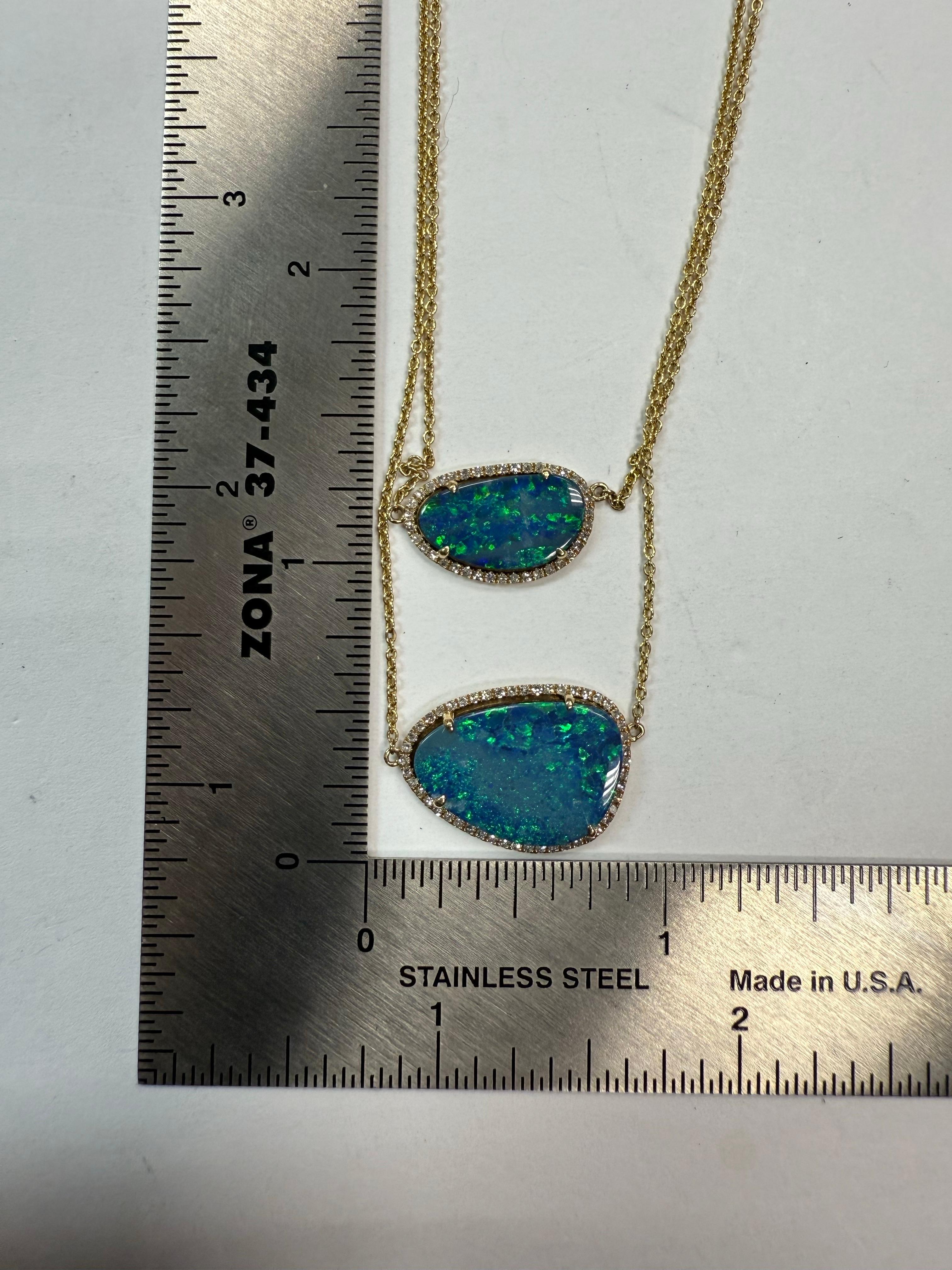 Modern 14K Gold Opal Doublet & Natural Diamond Two Strand Statement Necklace For Sale 2