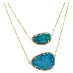 Modern 14K Gold Opal Doublet & Natural Diamond Two Strand Statement Necklace