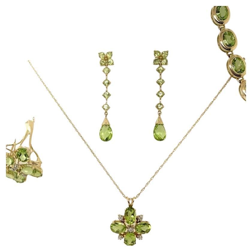 Modernes 14k Gold SET 36 Karat Natürlicher Peridot & Diamant Estate Gem Stone 1980