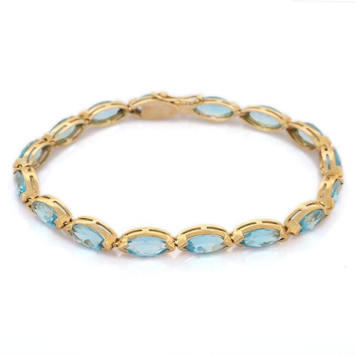Modern 14k Solid Yellow Gold 18.9 CTW Marquise Cut Blue Topaz Tennis Bracelet In New Condition For Sale In New York, NY