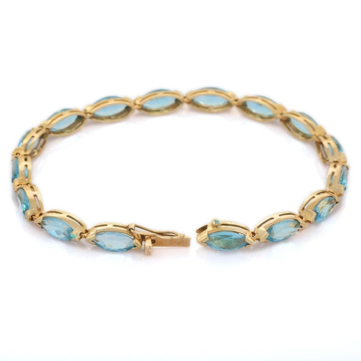 Modern 14k Solid Yellow Gold 18.9 CTW Marquise Cut Blue Topaz Tennis Bracelet For Sale 1