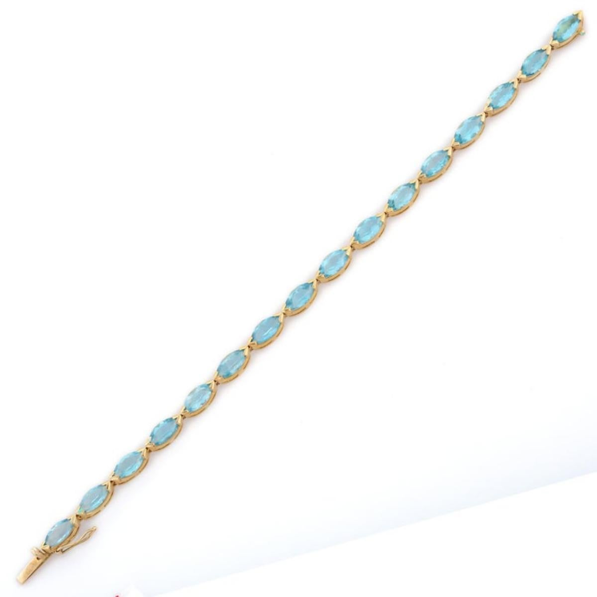 Modern 14k Solid Yellow Gold 18.9 CTW Marquise Cut Blue Topaz Tennis Bracelet For Sale 3