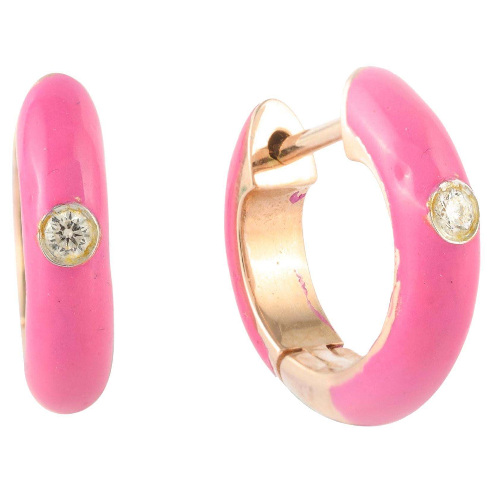 Modern 14k Solid Yellow Gold Pink Enamel Clip-On Huggie Earrings with Diamonds For Sale