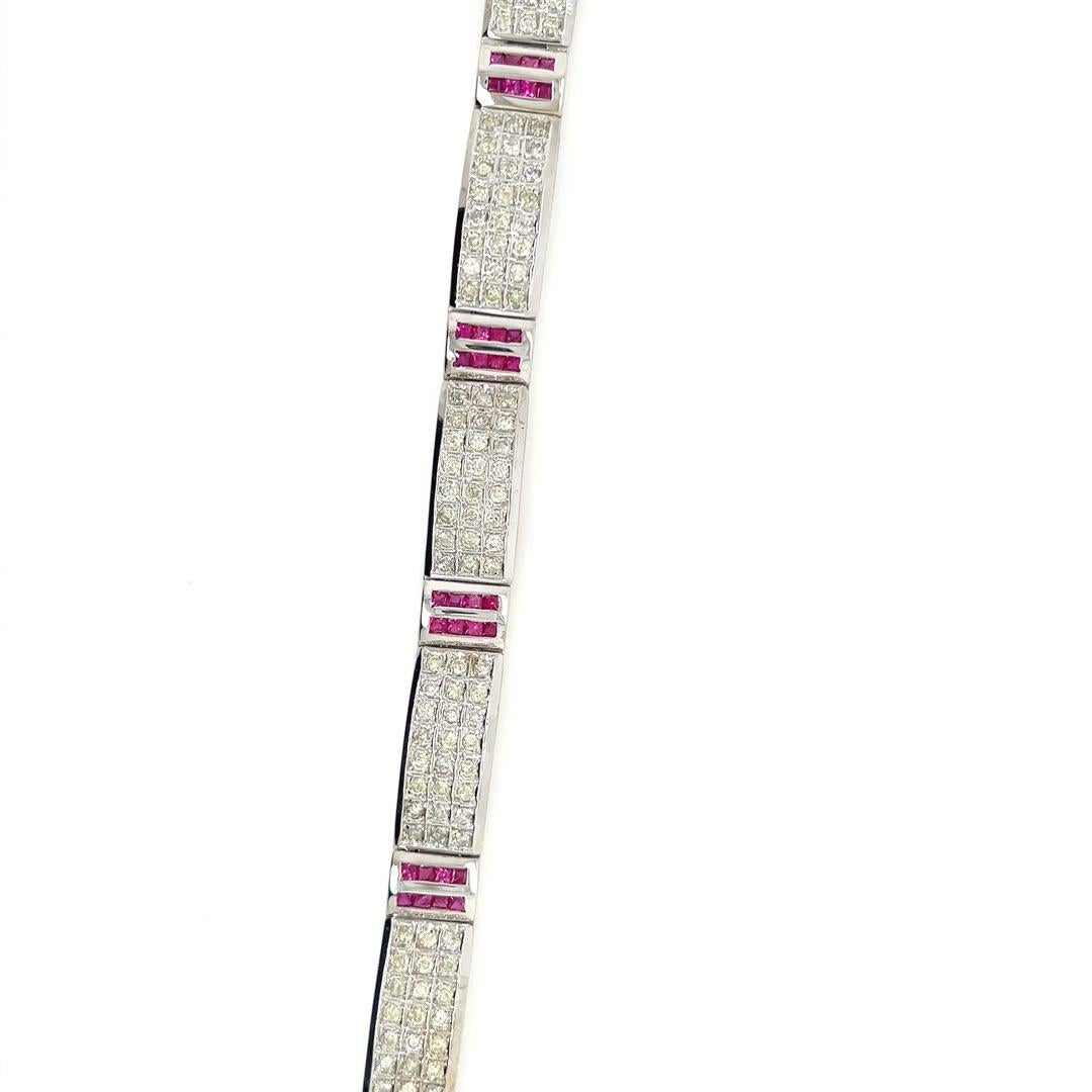 Modern 14k White Gold 10 Carat Natural Diamond and Ruby 8.5 Inch Long Bracelet In Good Condition For Sale In Los Angeles, CA