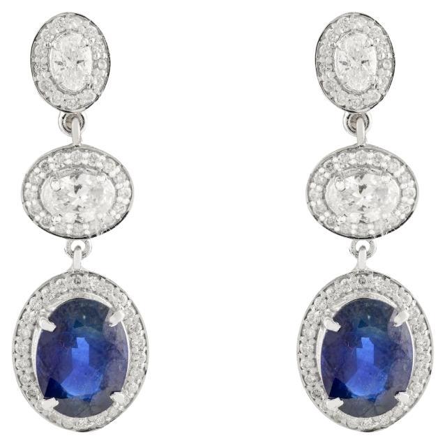 Orecchini pendenti moderni in oro bianco 14k con zaffiro blu e diamante per la festa della mamma