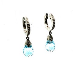 Modern 14K White Gold Blue Topaz Briolette & Natural Diamond Drop Earrings