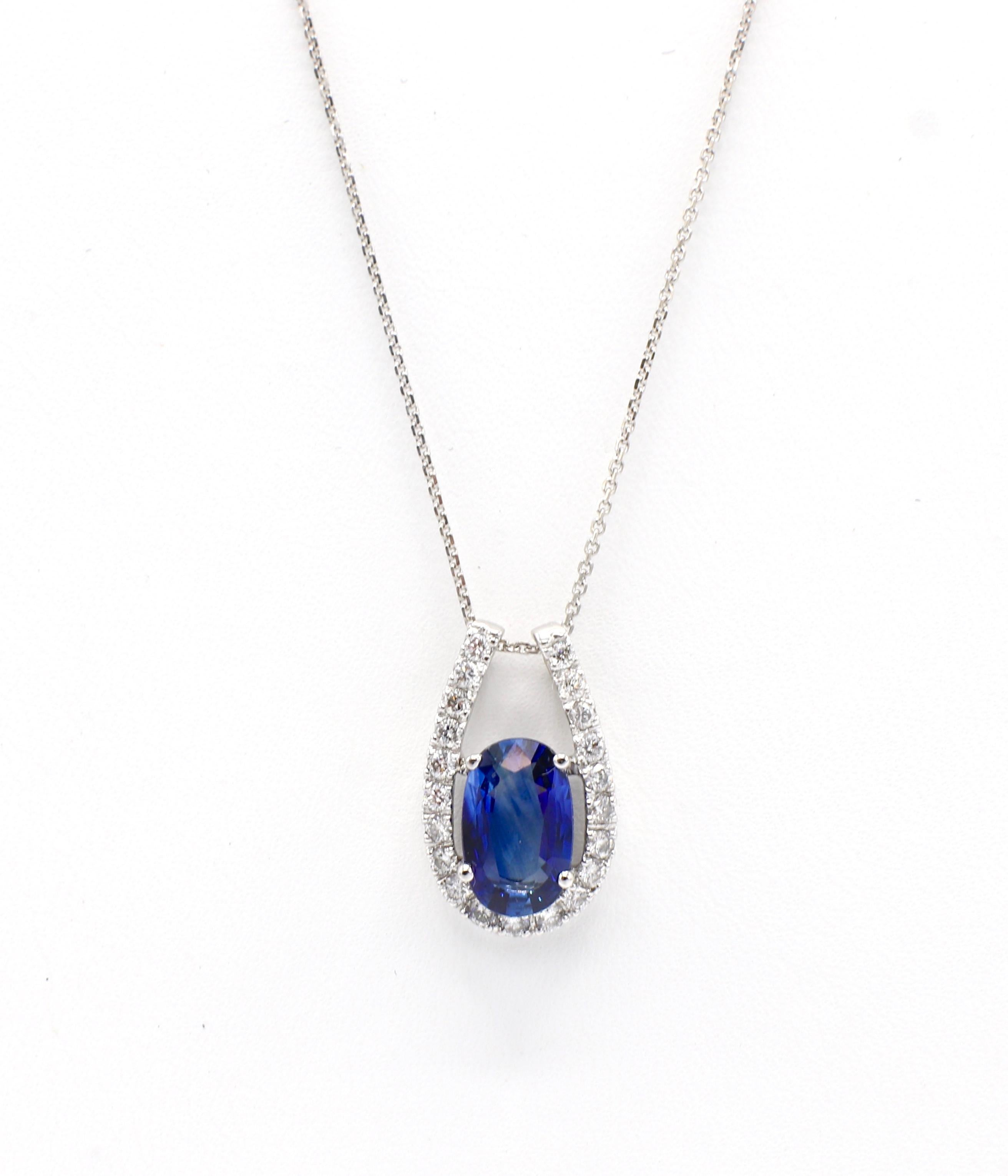 Women's Modern 14 Karat White Gold Diamond and Blue Sapphire Drop Pendant Necklace