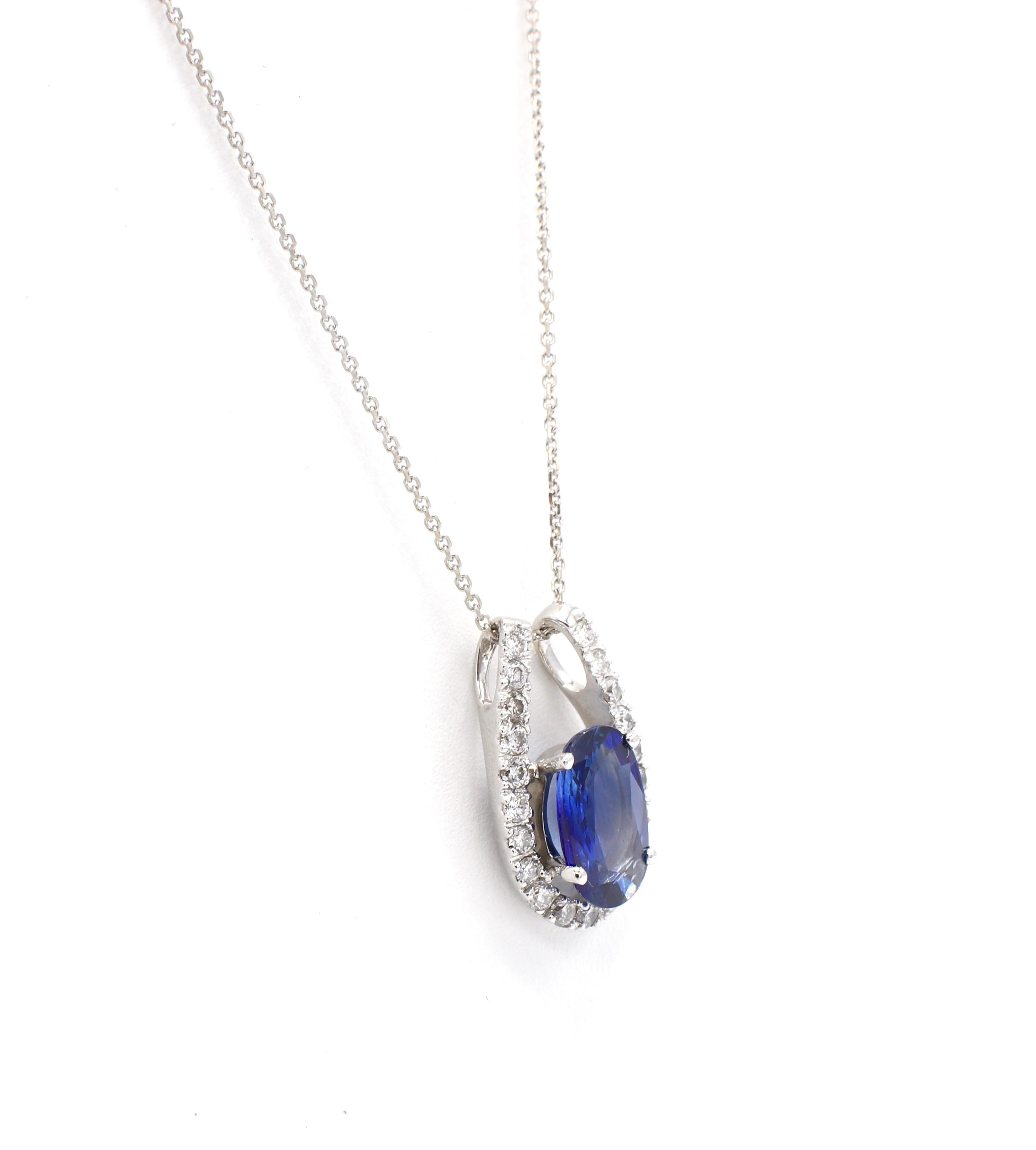 Modern 14 Karat White Gold Diamond and Blue Sapphire Drop Pendant Necklace 1