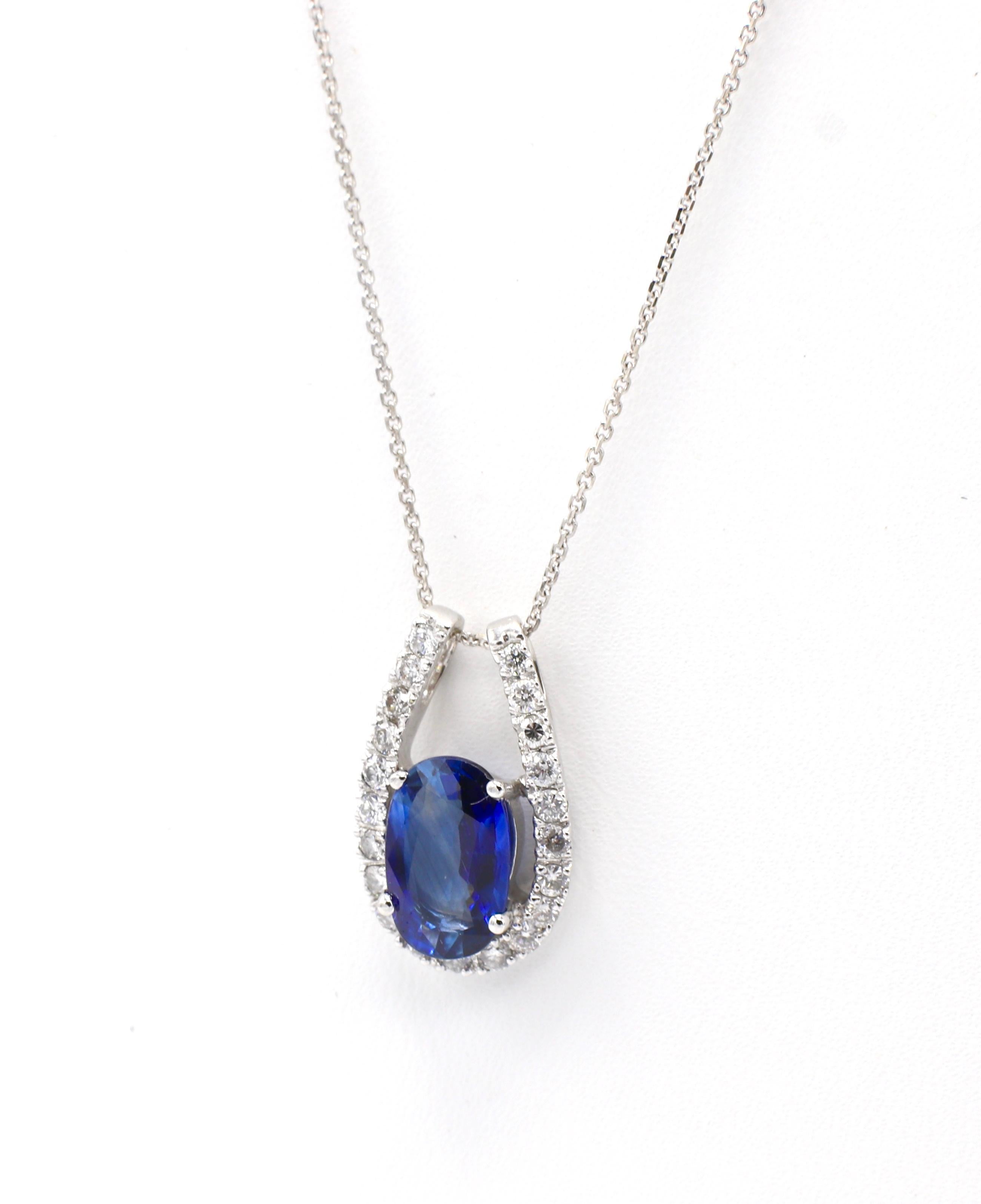 Modern 14 Karat White Gold Diamond and Blue Sapphire Drop Pendant Necklace 2