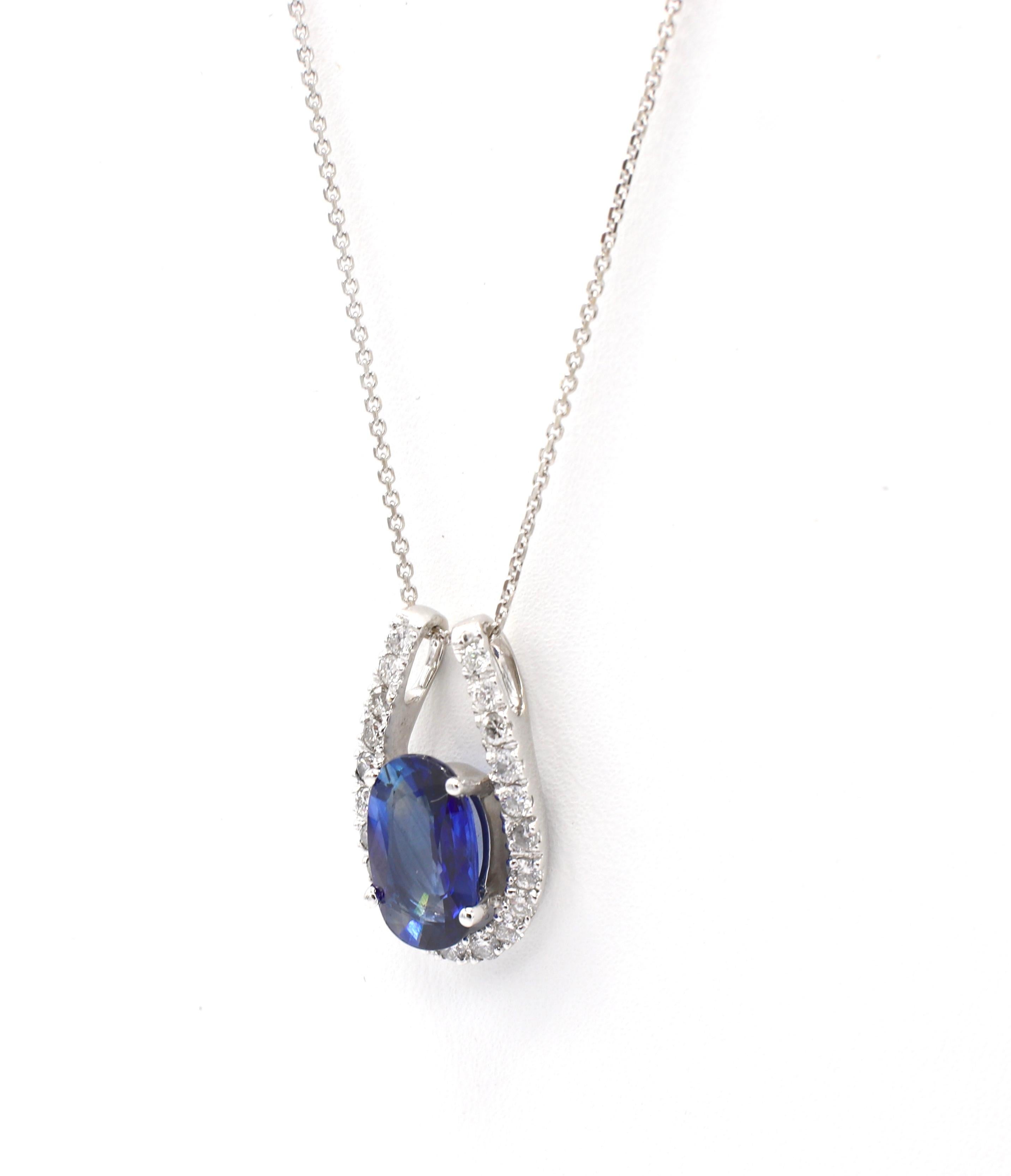 Modern 14 Karat White Gold Diamond and Blue Sapphire Drop Pendant Necklace 3