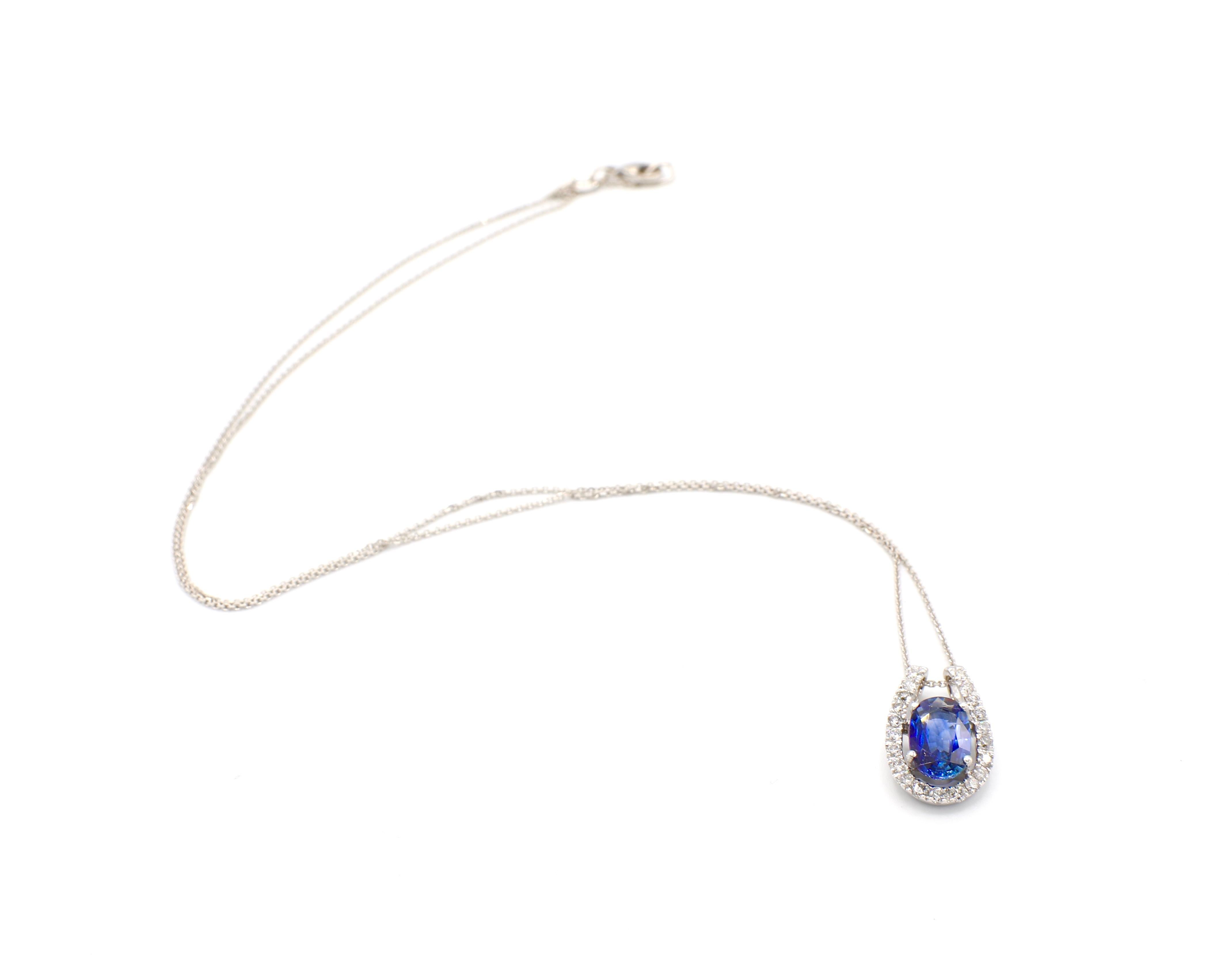 Modern 14 Karat White Gold Diamond and Blue Sapphire Drop Pendant Necklace 8