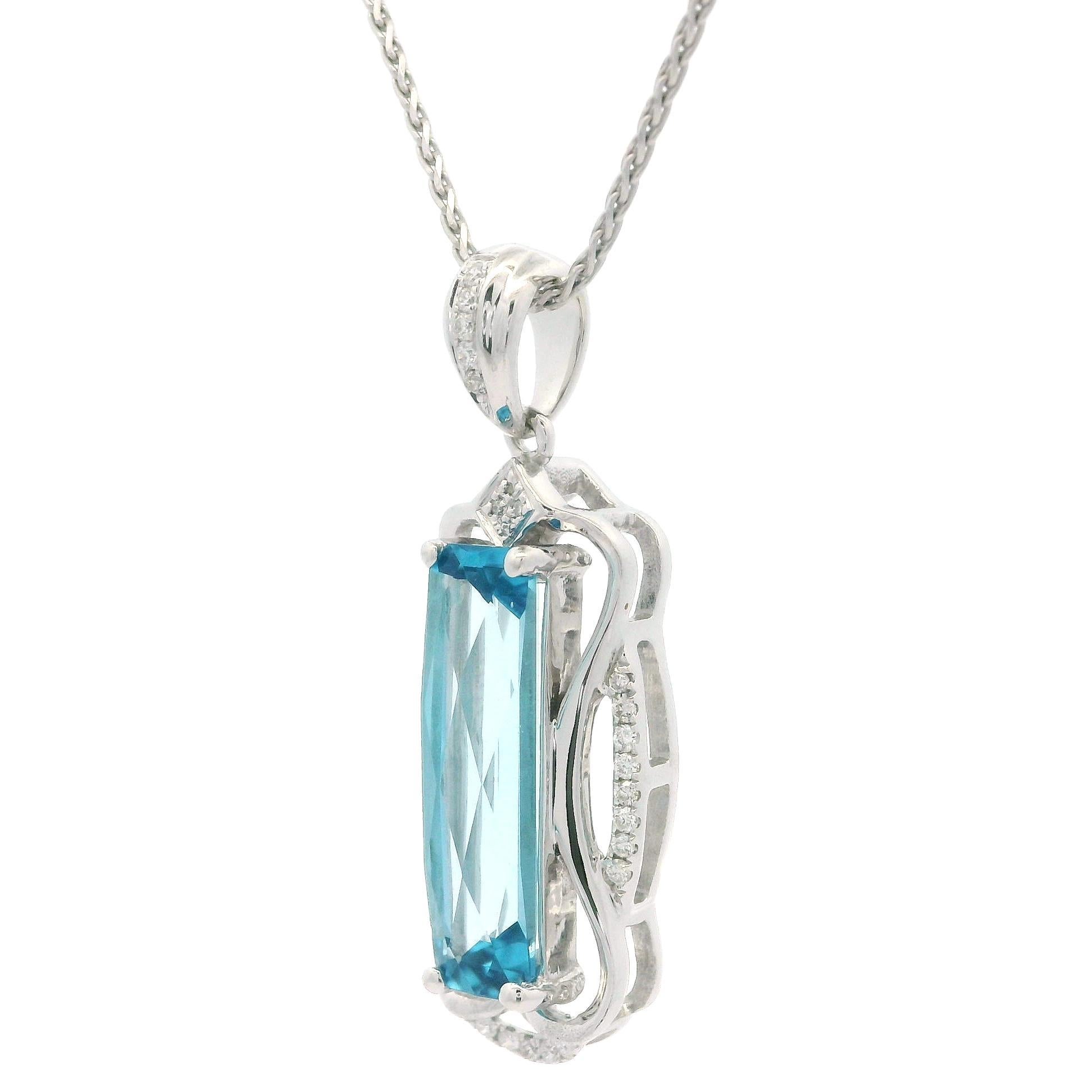 Modern 14k White Gold Long Blue Topaz & Diamond Pendant 18