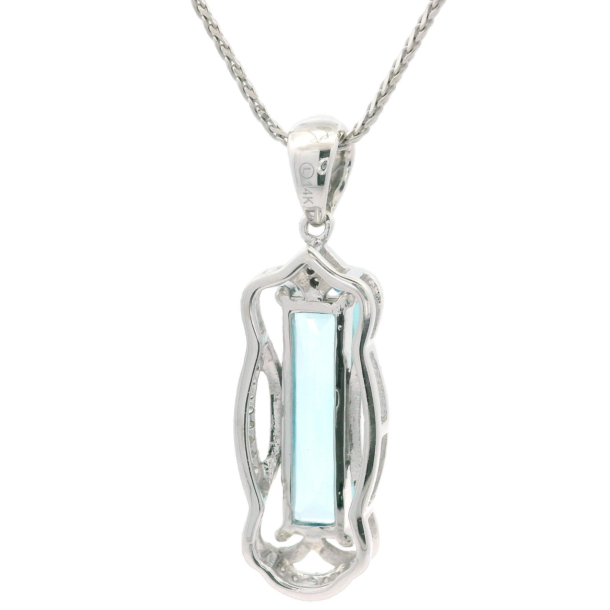 Modern 14k White Gold Long Blue Topaz & Diamond Pendant 18