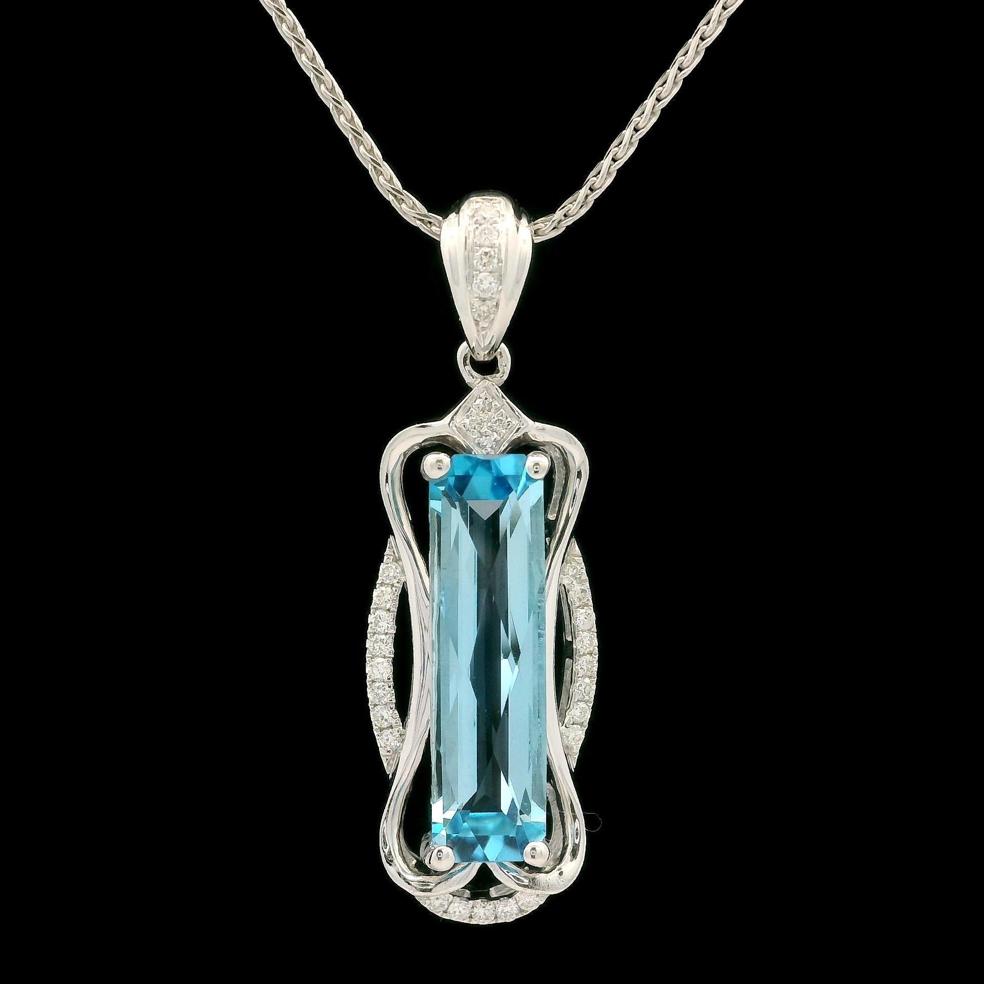 --Stone(s):--
(1) Natural Genuine Topaz - Long Rectangular Cut w/ Faceted Top - Prong Set - Blue Color - 17.9 x 5mm (approx.)
(30) Natural Genuine Diamond - Round Brilliant Cut - Pave Set - Nice White Color -0.15ctw (approx.)

Material: Solid 14k