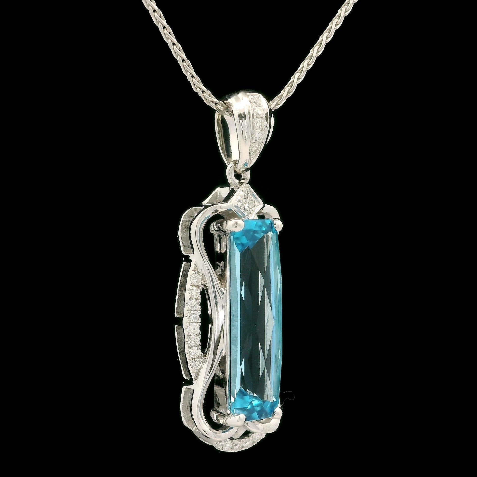 Brilliant Cut Modern 14k White Gold Long Blue Topaz & Diamond Pendant 18