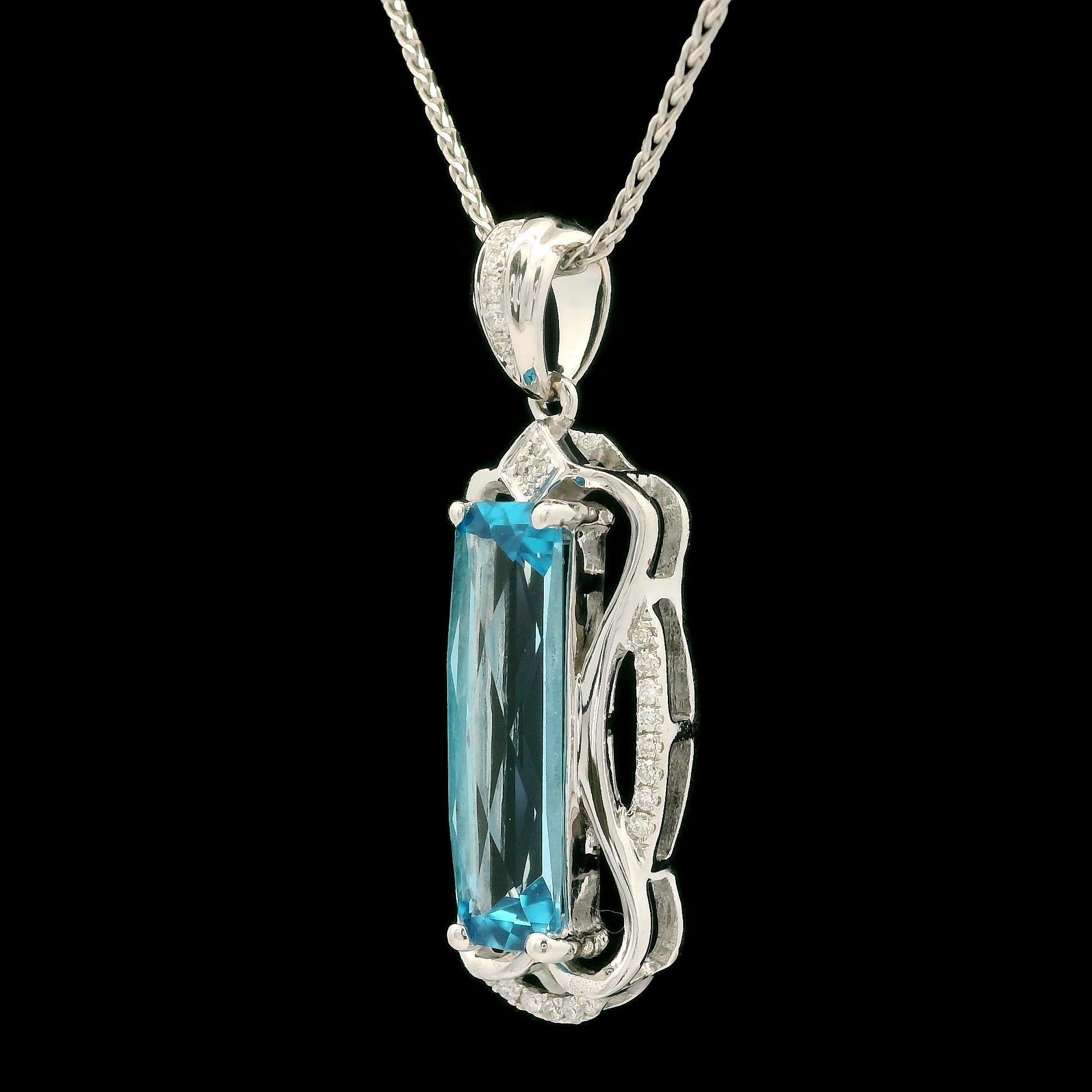 Modern 14k White Gold Long Blue Topaz & Diamond Pendant 18